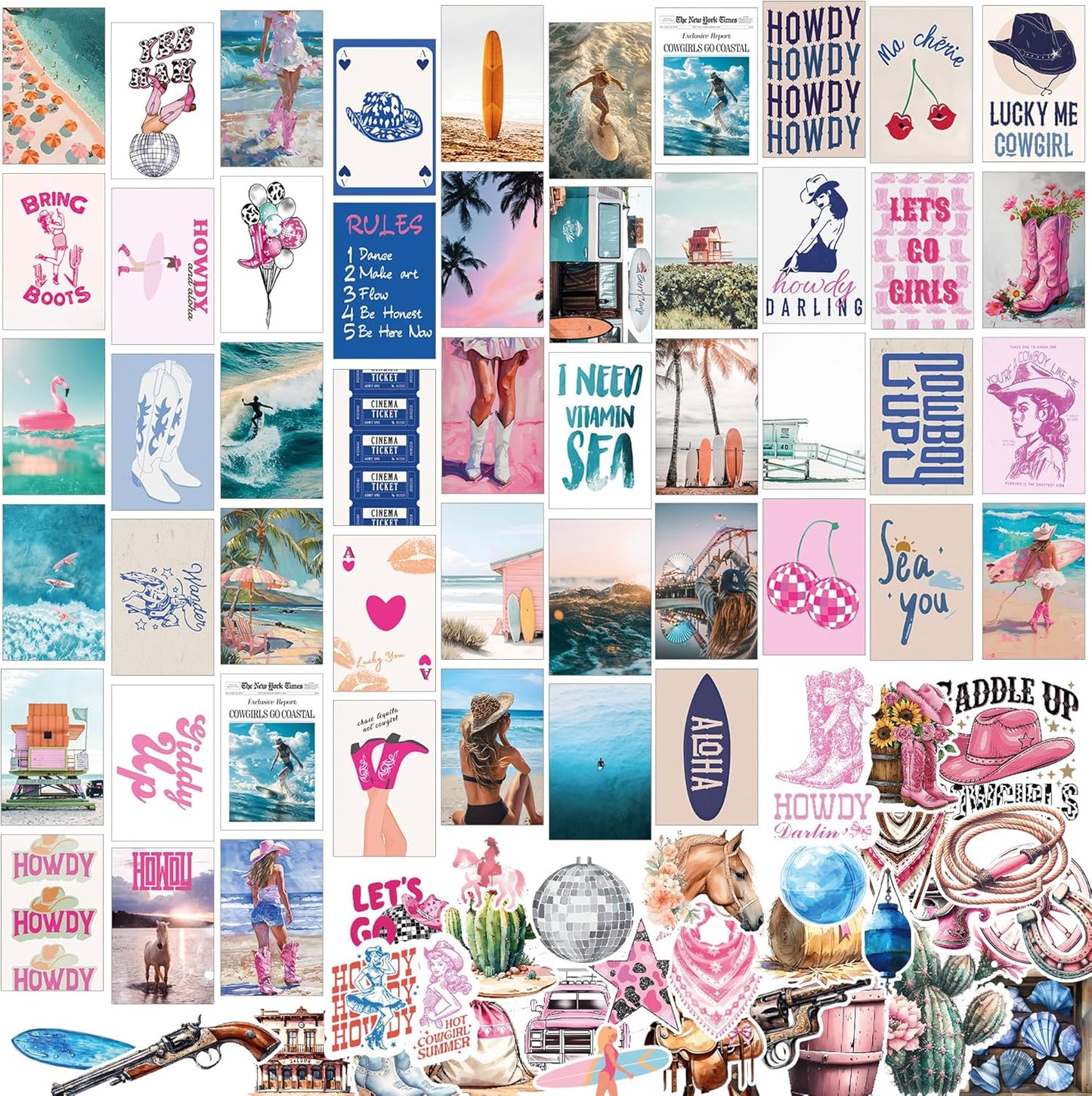 Fardes Cowgirl Wall Art Aesthetic Prints, Wall Collage Kit with 50pcs Coastal Posters for Beachy Granddaughter Room Decor