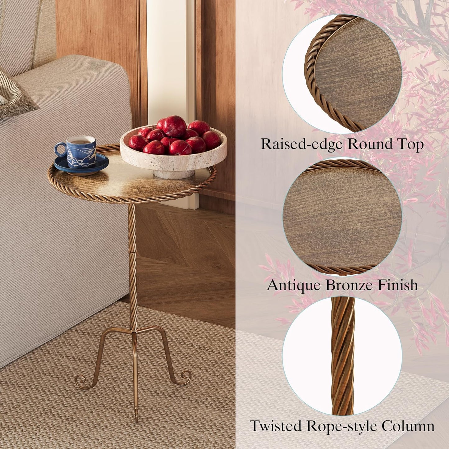 Vintage Bronze Round Metal Side Table with Raised Rim, Twisted Pedestal and Curved Tripod Base, Compact Art Deco Drink Table,13" Accent Table for Living Room, Bedroom or Corners (1, Bronze)