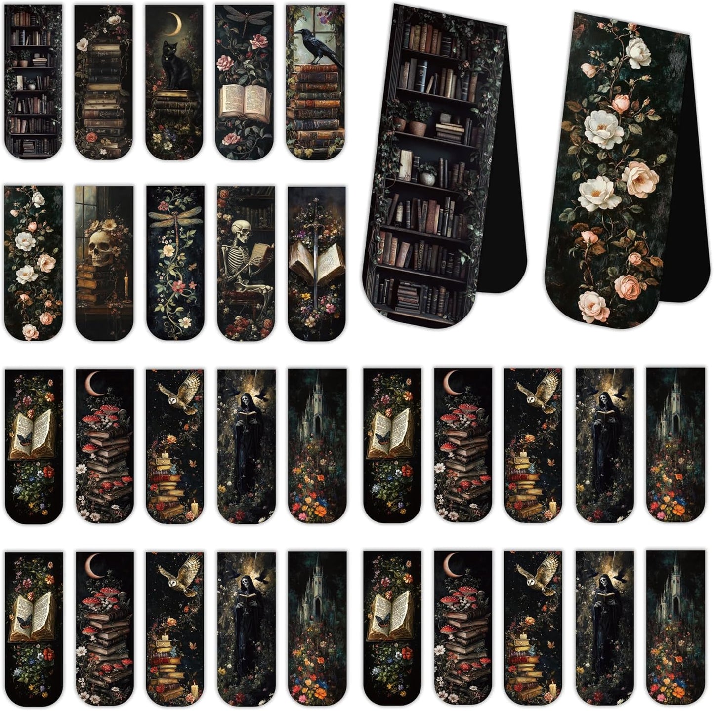 30PCS Dark Academia Magnetic Bookmarks Set, Aesthetic Gothic Skull Cat Rose Owl Book Mark Clips, Vintage Witchy Dark Romance Accessories for Women Men Students Book Lovers, 0.7×2.6in