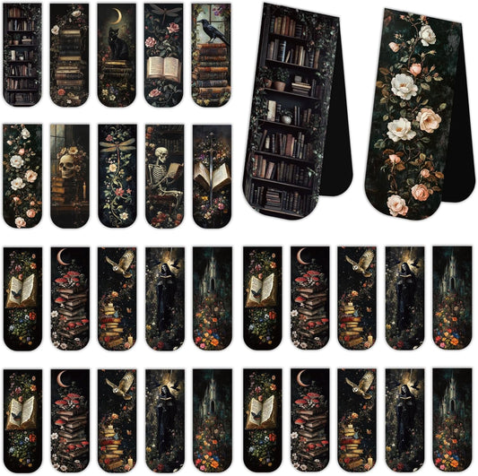 30PCS Dark Academia Magnetic Bookmarks Set, Aesthetic Gothic Skull Cat Rose Owl Book Mark Clips, Vintage Witchy Dark Romance Accessories for Women Men Students Book Lovers, 0.7×2.6in