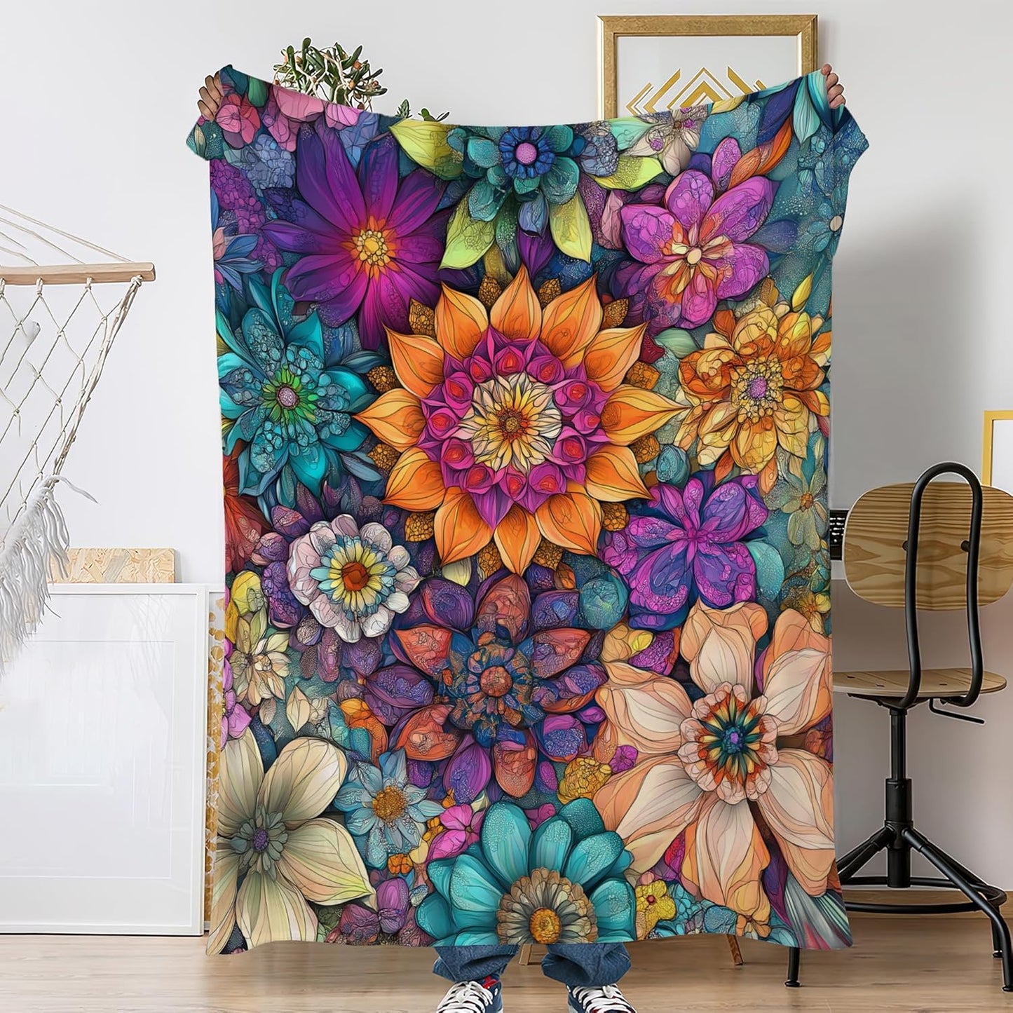 Vintage Floral Fall Throw Blanket,Ethic Flower Cozy Plush Fluffy Blanket for Living Room Decor,Lightweight Fleece Throws for Couch,Bed,Traveling,Naps,Reading,50 X 60 Inch