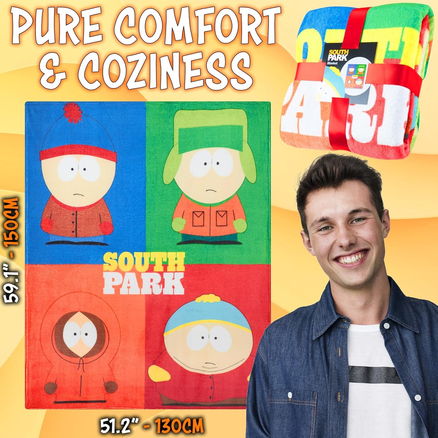South Park Gifts for Men Teens Throw Blanket for Couch, Sofa, Bed, Soft Cozy Fleece Blankets Kenny Eric Cartman Bed Accessories Decor, 59 x 51 Inches (Multi)