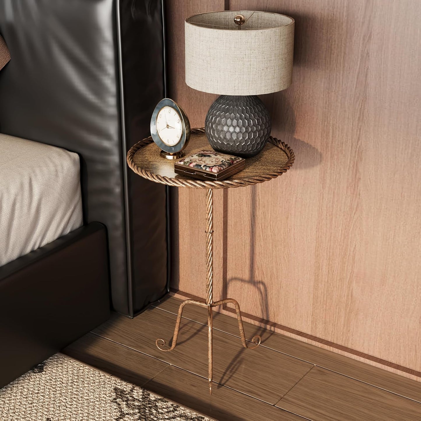 Vintage Bronze Round Metal Side Table with Raised Rim, Twisted Pedestal and Curved Tripod Base, Compact Art Deco Drink Table,13" Accent Table for Living Room, Bedroom or Corners (1, Bronze)