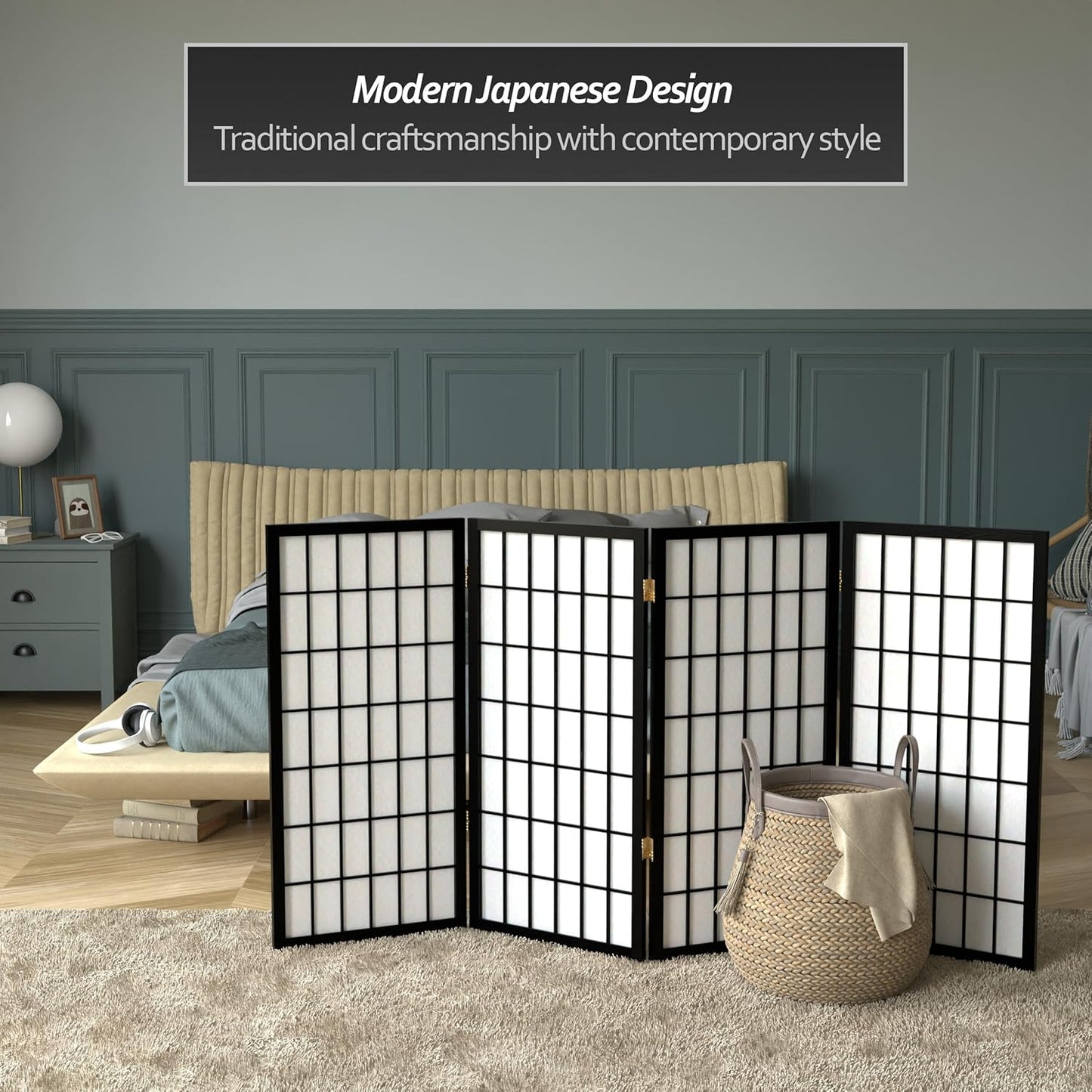 3 ft. Short Window Pane Shoji Screen - Black - 4 Panels