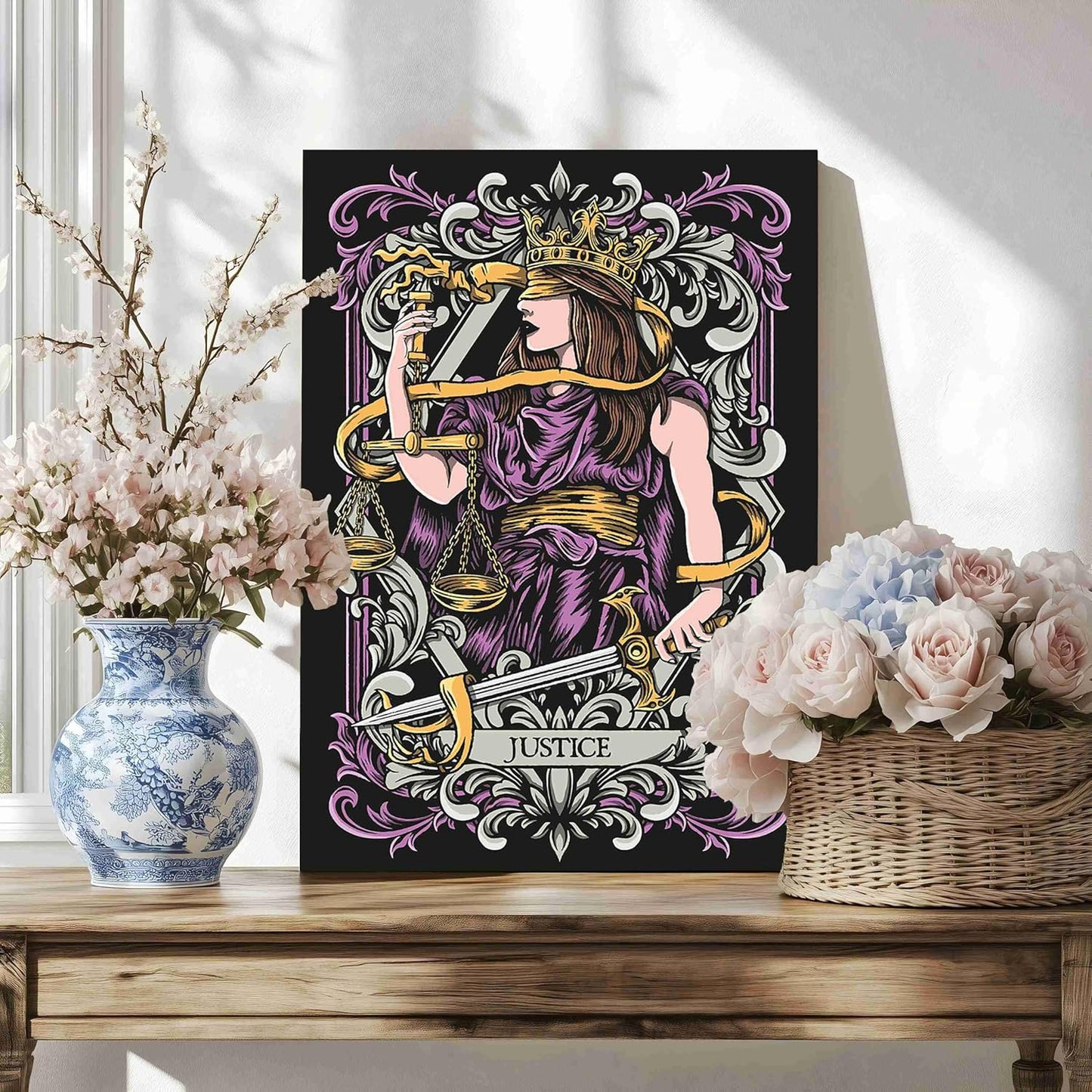 Gothic Justice Tarot Card Art Print, Medieval Fantasy Wall Decor, Alternative Mystical Witch Vintage Gothic Tarot Poster Home Decor Gift(L18 xW12-CANVAS)