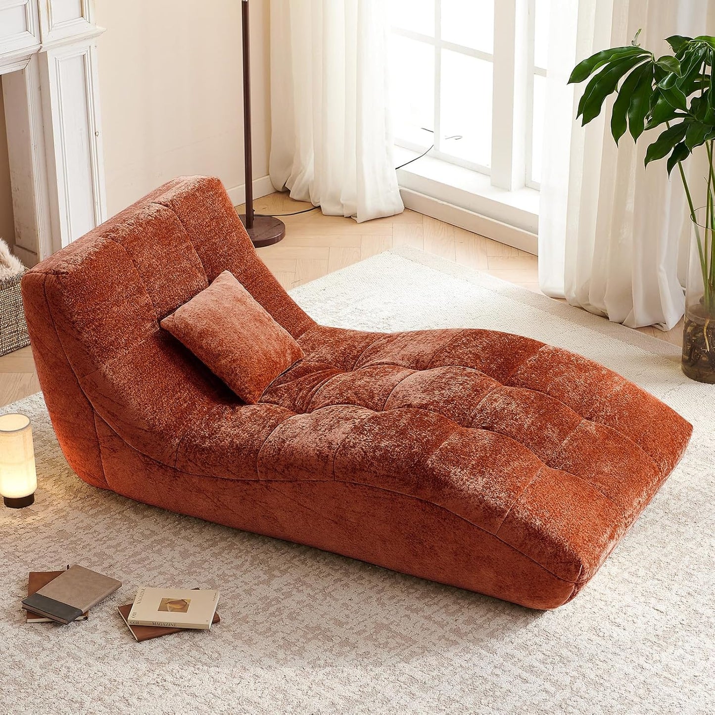 Chaise Lounge Chair with Curved Back, Modern Upholstered Recliner Sofa, Tufted Accent Lounger Comfortable Lazy Chair for Bedroom, Apartment (Orange)