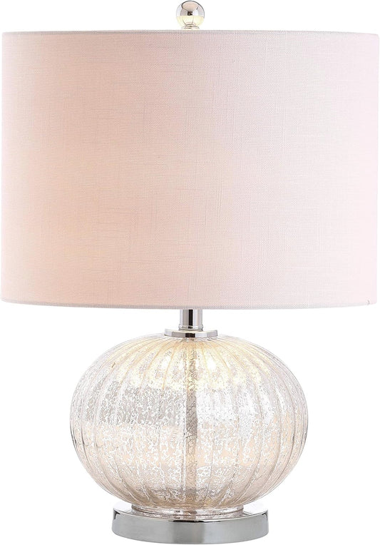 JONATHAN Y 21" Mercury Silver Ribbed Glass Table Lamp, Modern Transitional Bedside Lamp for Living Room, Bedroom, Nightstand, White Linen Shade, LED Bulb Included JYL4015A