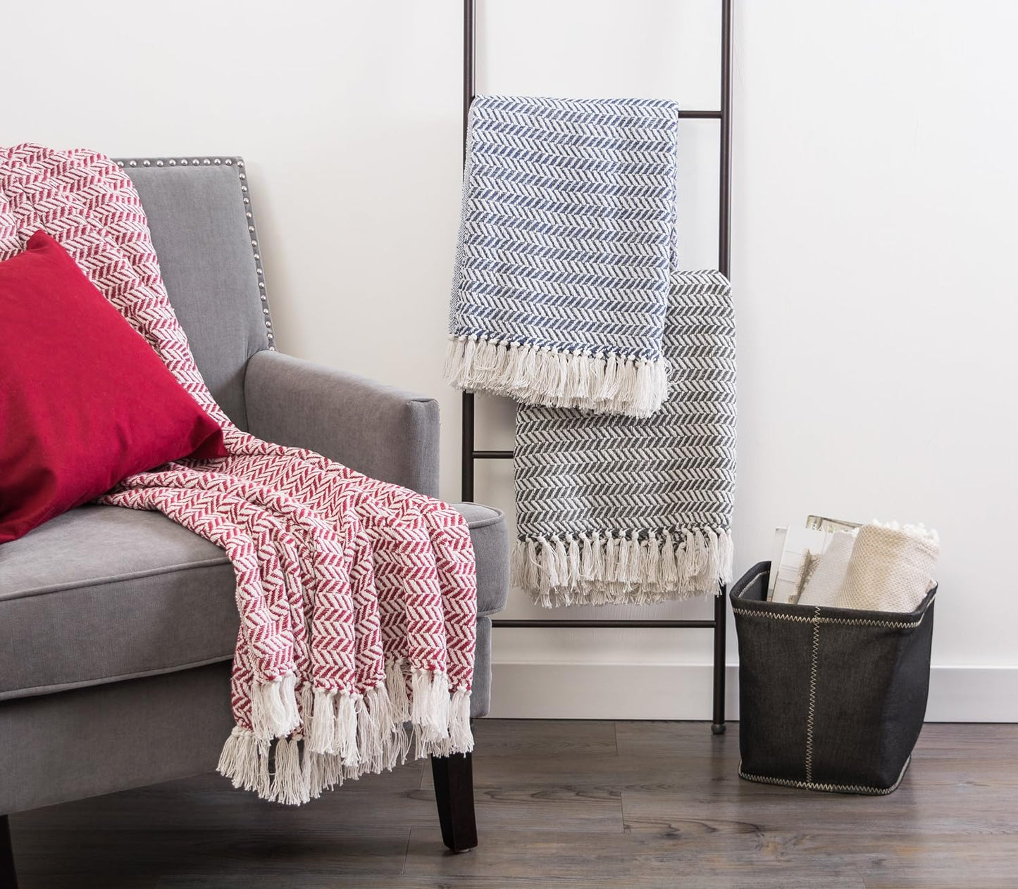 DII Modern Farmhouse Cotton Herringbone Blanket Throw with Fringe for Chair, Couch, Picnic, Camping, Beach, & Everyday Use, 50 x 60 - French Blue