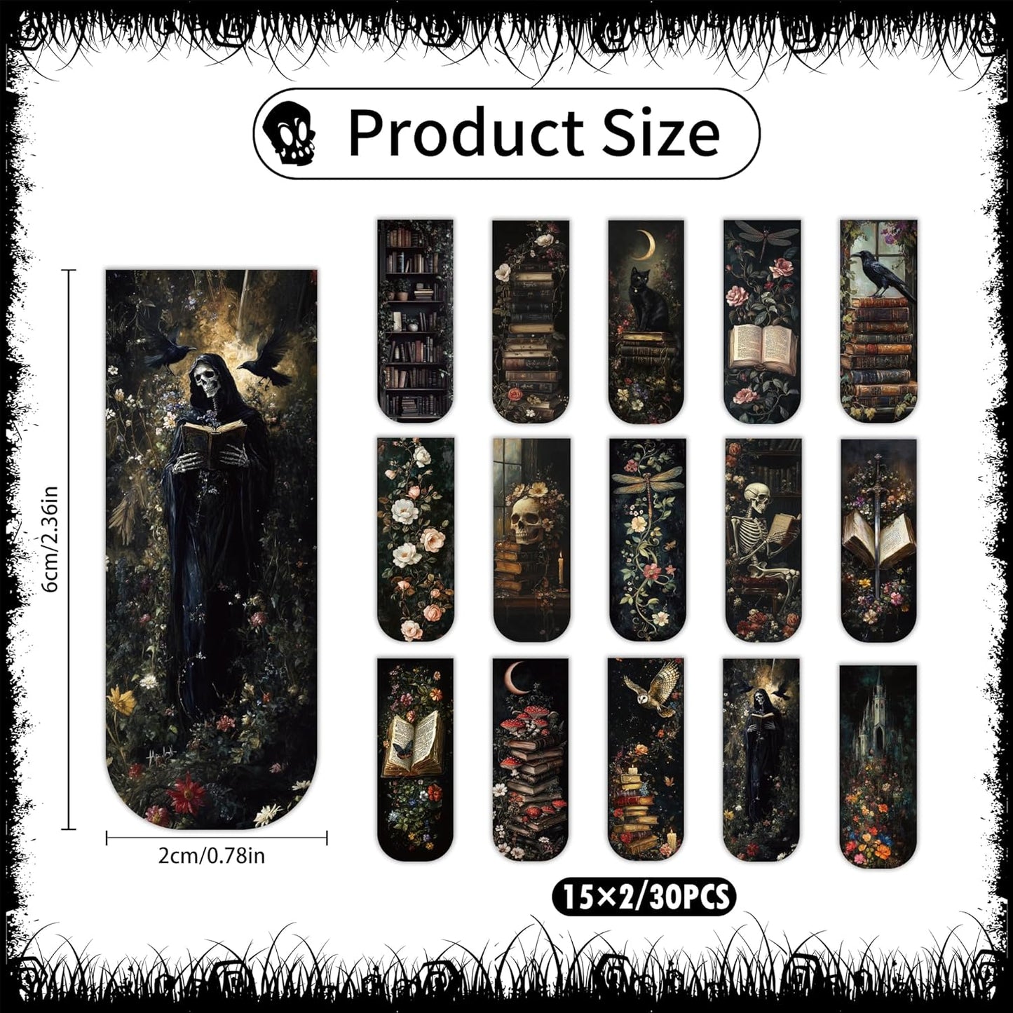 30PCS Dark Academia Magnetic Bookmarks Set, Aesthetic Gothic Skull Cat Rose Owl Book Mark Clips, Vintage Witchy Dark Romance Accessories for Women Men Students Book Lovers, 0.7×2.6in