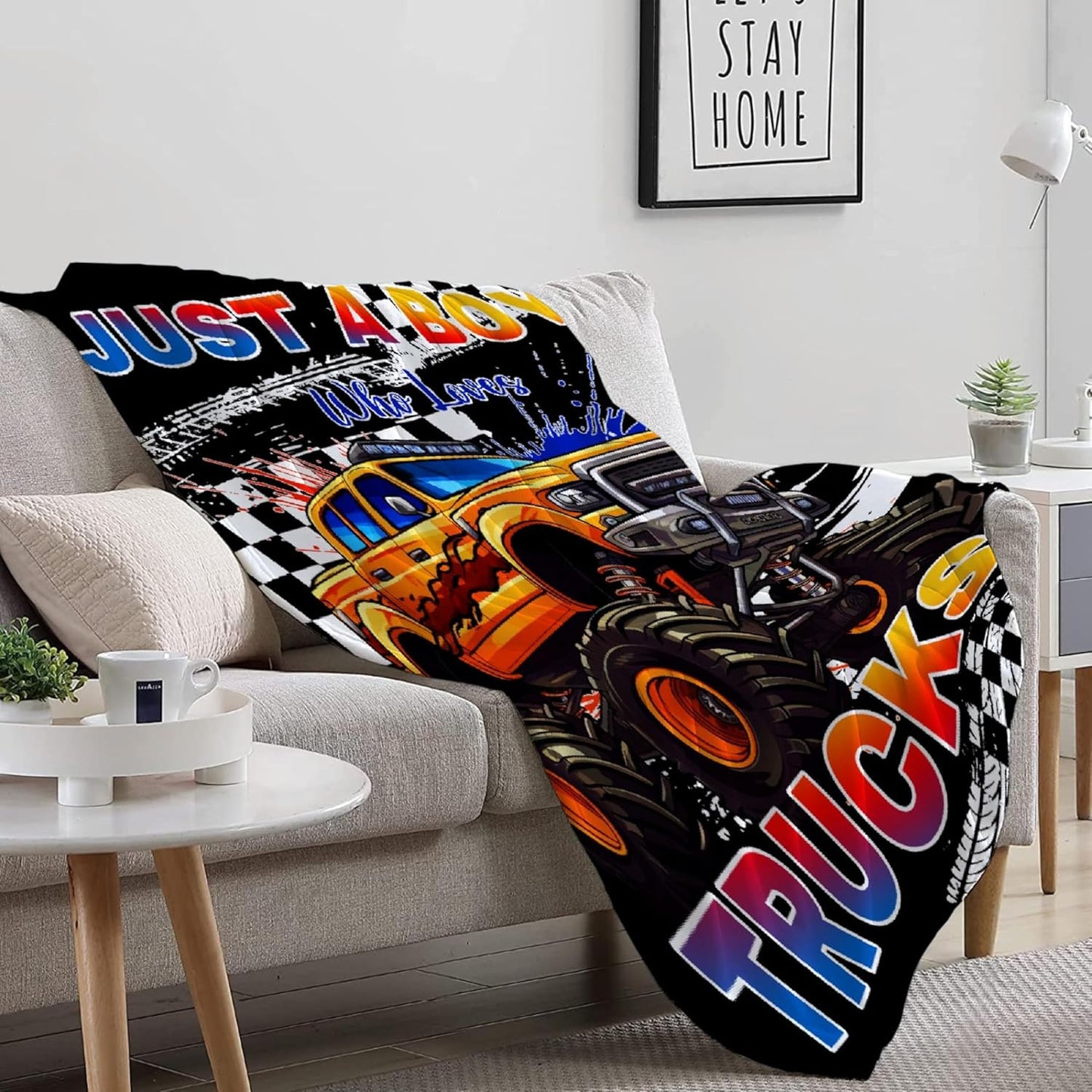 Trucks Blanket, Just A Boy Who Loves Trucks Gifts for Kids, Car Themed Flannel Blankets, Soft Cozy Lightweight Throws Gifts for Truck Lovers & Boys 40x50 Inch for Kid