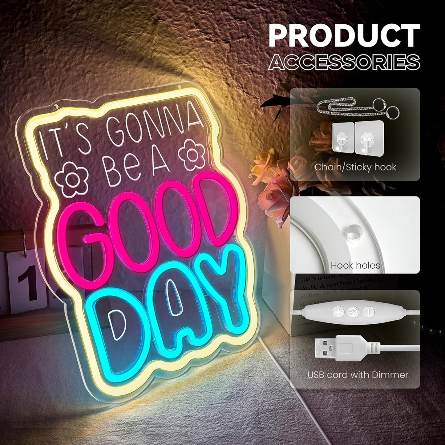 Neon Sign, It's Gonna Be A Good Day Neon Signs for Wall Decor, Dimmable Acrylic Neon Lights for Living Room Bedroom Playroom Restaurant Bar Pub Club Hotel Commercial Streets Party Decorations