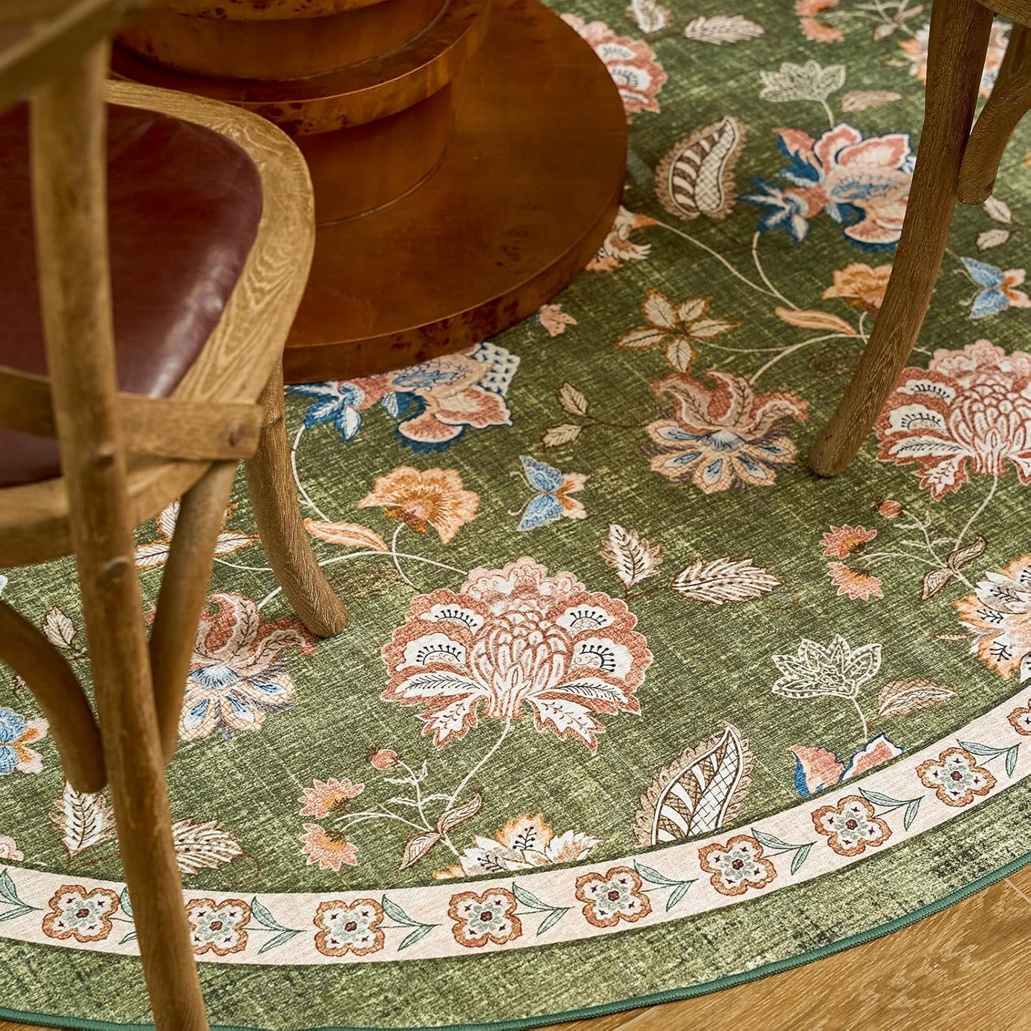 jinchan Elora Floral Corner Rug for Living Room Washable Bedroom Rug Vintage Romance Design Non Slip Quarter Circle Lightweight Low-Pile Throw Carpet for Reading Nook Playroom,6ft Radius, Green