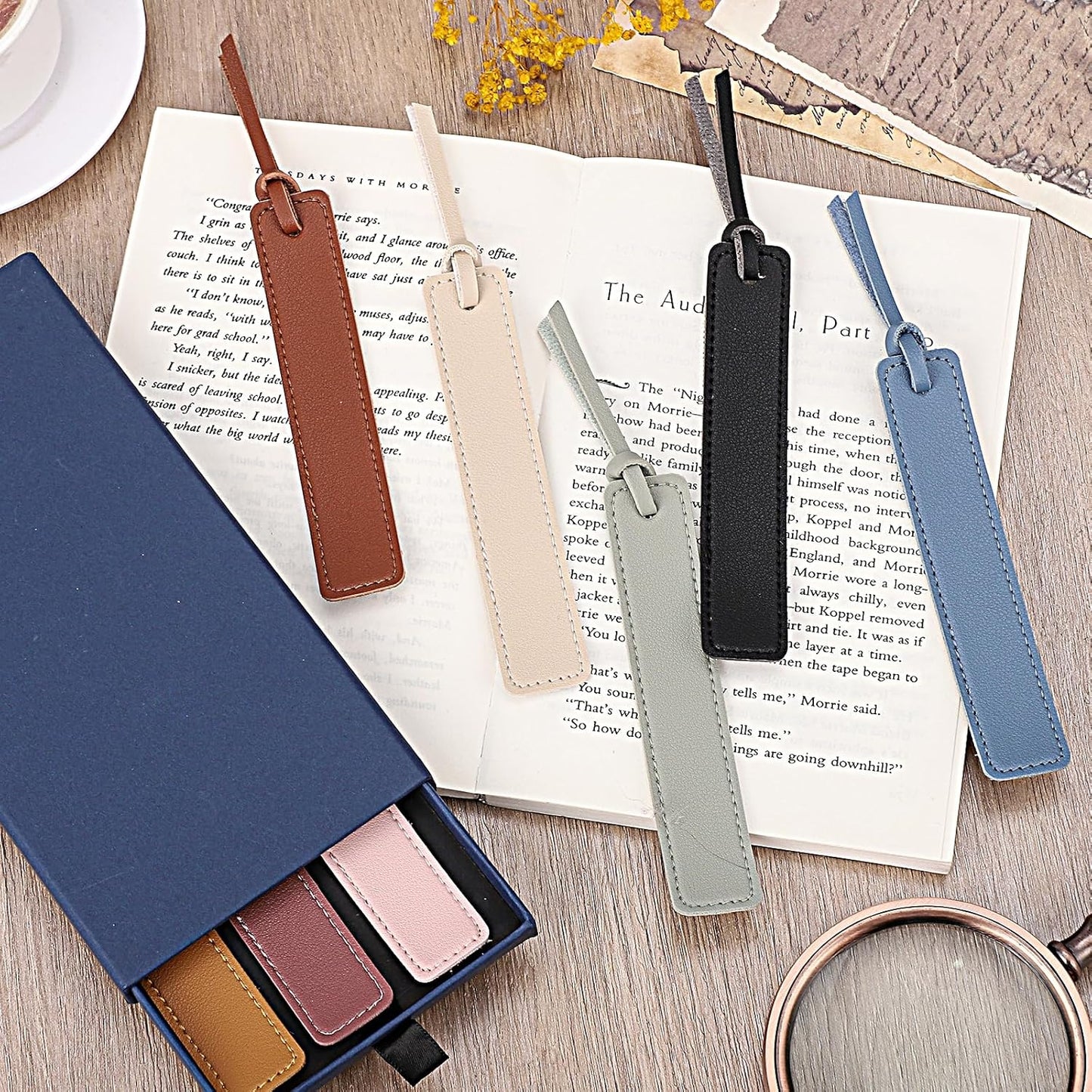 8Pcs Leather Bookmark, Classic Stitched Book Mark with Leather Rope Easter Gifts for Reading Men Women School Students