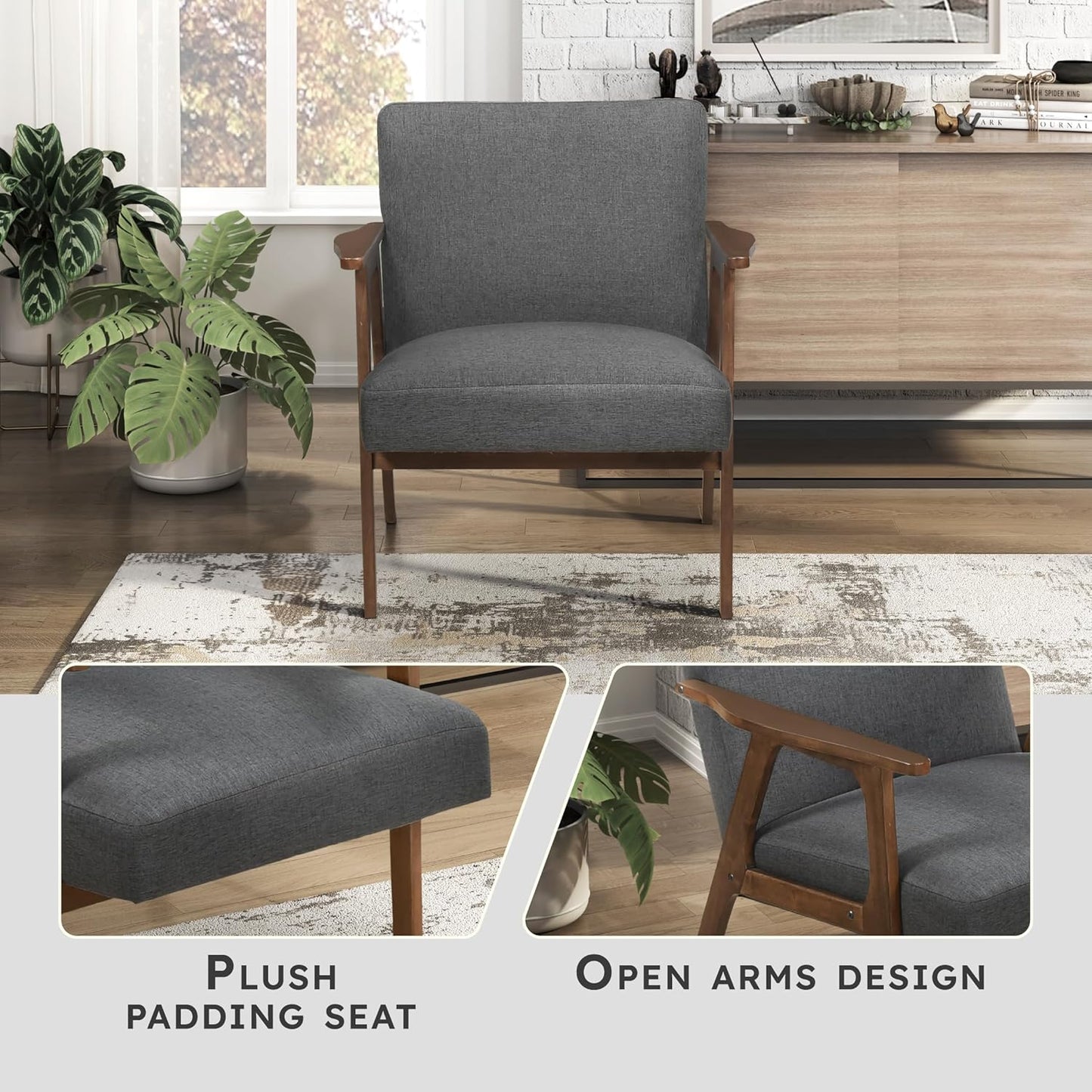 Lexicon Mid Century Modern Accent Chair, Upholstered Lounge Armchair, Single Sofa Seat, Brown Finish Solid Wood Framed Comfy Side Chairs for Living Room/Bedroom/Office/Waiting Area, Dark Gray