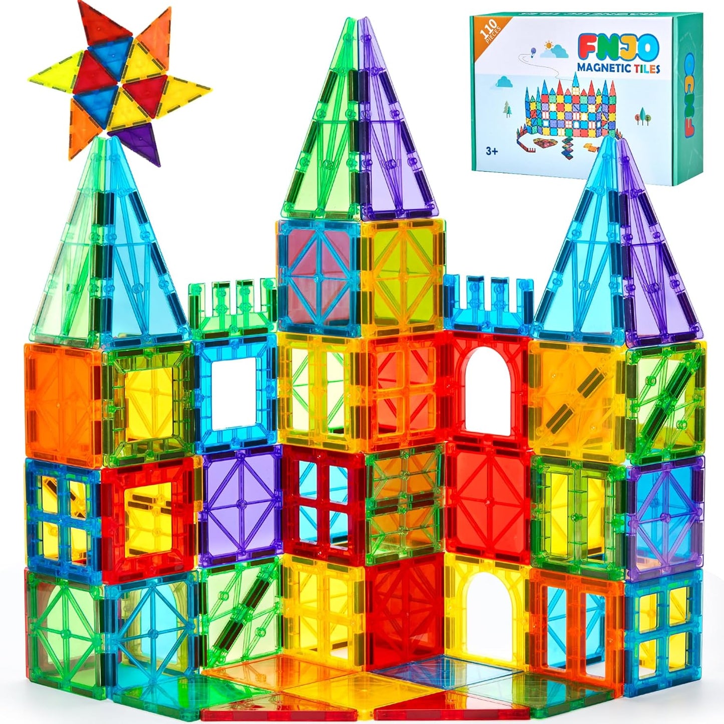 FNJO Magnetic Tiles, 110PCS Magnet Building Set, Magnetic Building Blocks,Construction STEM Learning and Playing Toys for Kids, Montessori Toy for Preschool Boys Girls