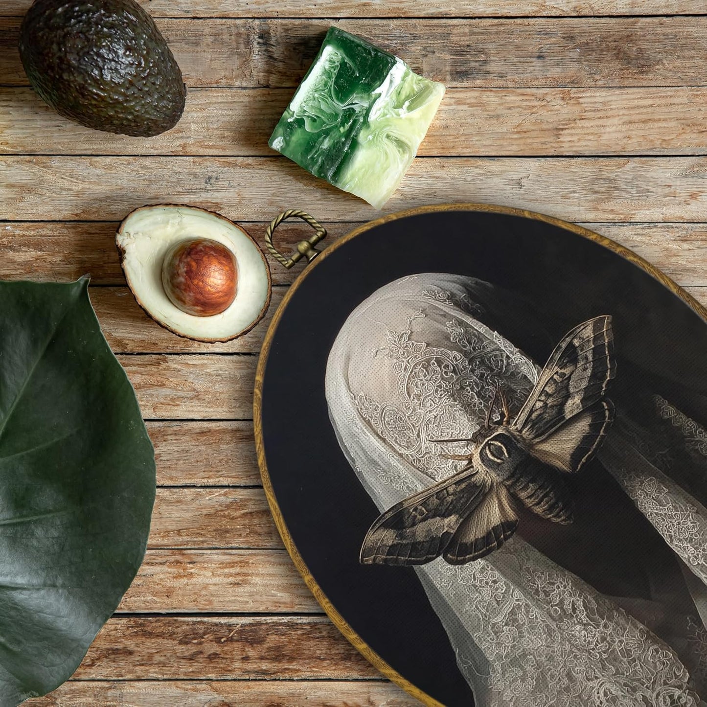 QZQE Gothic Witchy Moth Oval Wall Art Decor Framed, Dark Academia Veiled Women Moth Oval Canvas Prints, Dark Moody Goth Aesthetic Wall Hanging Decor for Home Bedroom Living Room, 8.6x11.4 Inch