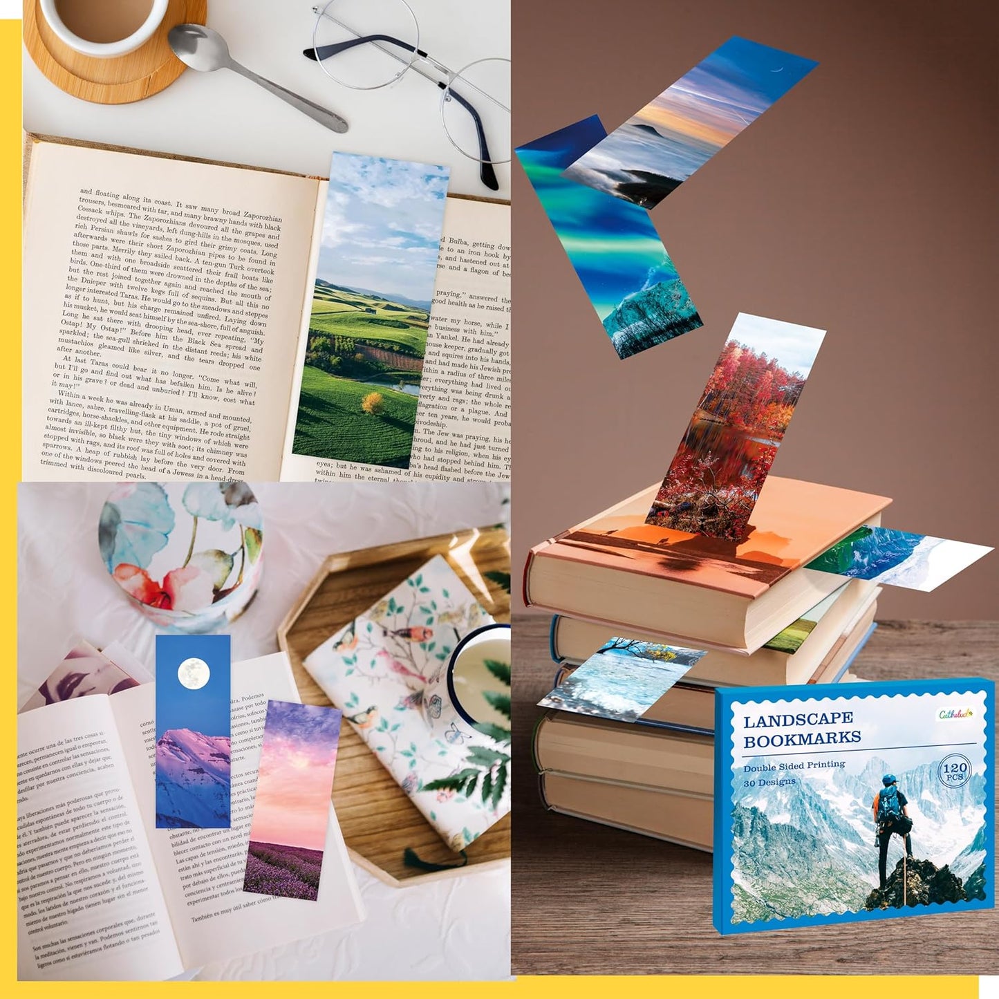 120 PCS Landscape Bookmarks, 30 Designs Double Sided Printing Paper Bookmarks Scenery Book Markers with PET Film for Primary Middle High Reading Students, Book Lovers (2.4” x 6.1”)