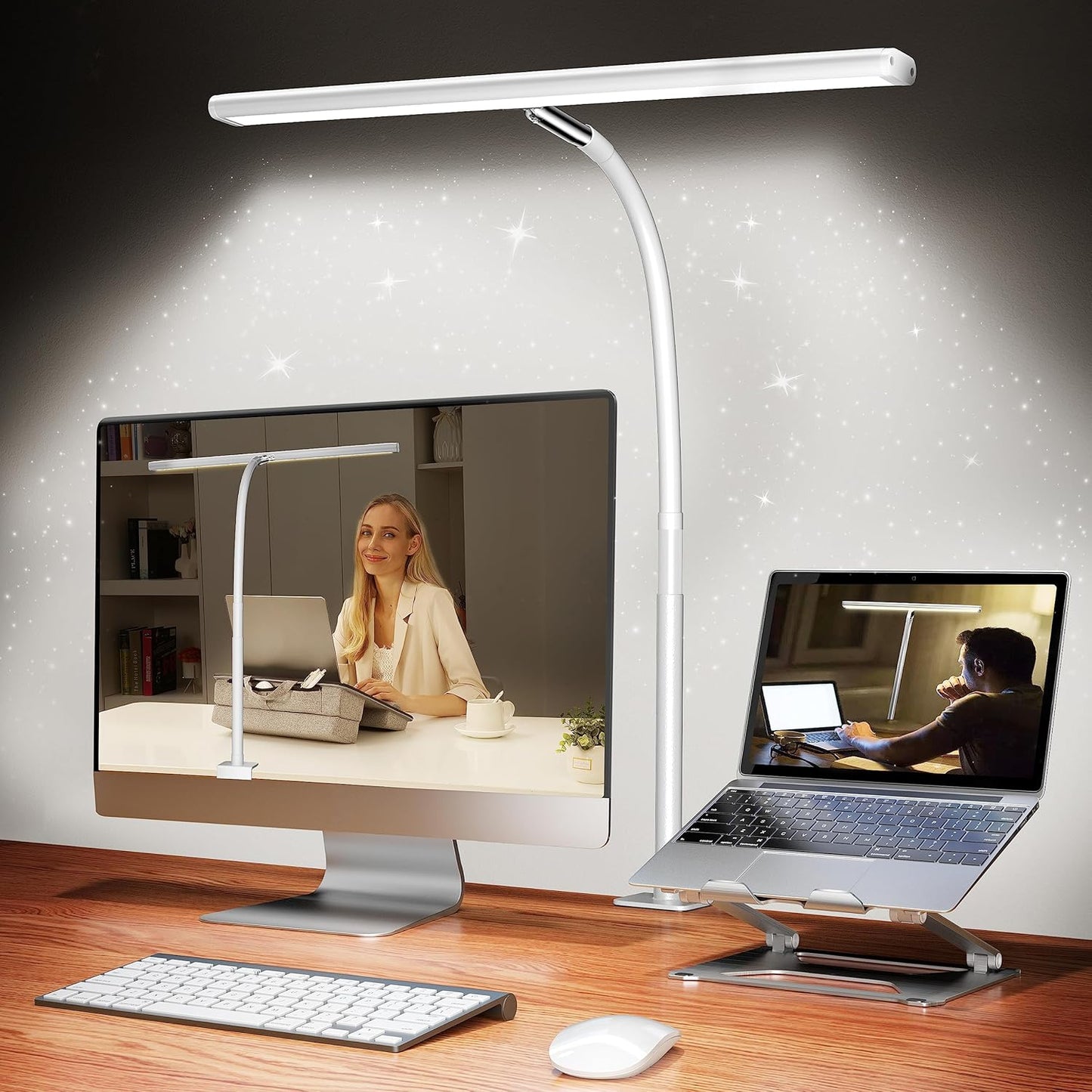 사무실 가정용 LED 책상 램프, 무단 조광 조절 가능한 유연한 구즈넥, 10W USB 어댑터 책상 램프, 독서, 공부, 작업대용 클램프 포함 (화이트)