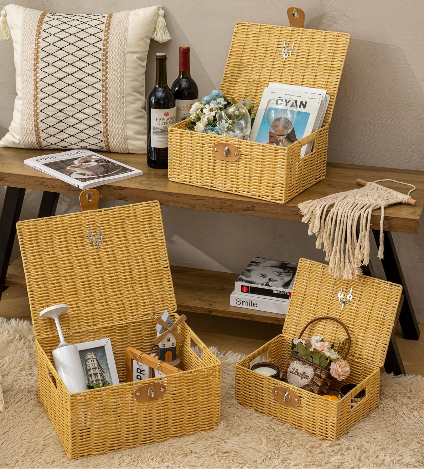 Wicker Storage Baskets with Lids, Set of 3 Decorative Storage Boxes For Organizing, Woven Baskets with Leather Lock and Handles (Beige)