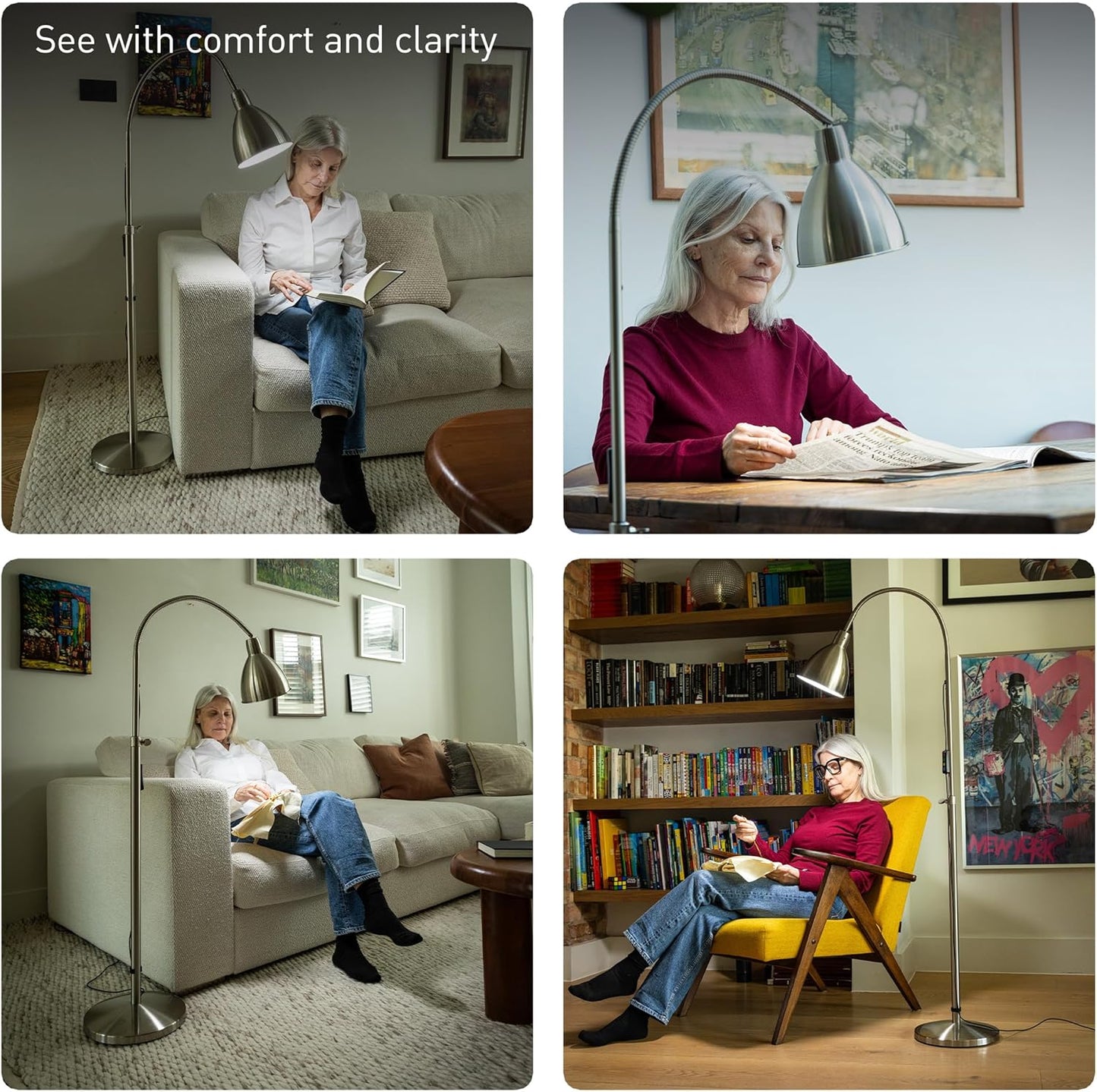 Daylight FlexiVision 2™ LED Floor Lamp – 3,500 Lux at 12", 5 Brightness Levels, 3 Color Temperatures, 95+ CRI, Adjustable Arm & Swivel Head, Anti-Tip Base, Low Vision Aid – Brushed Steel