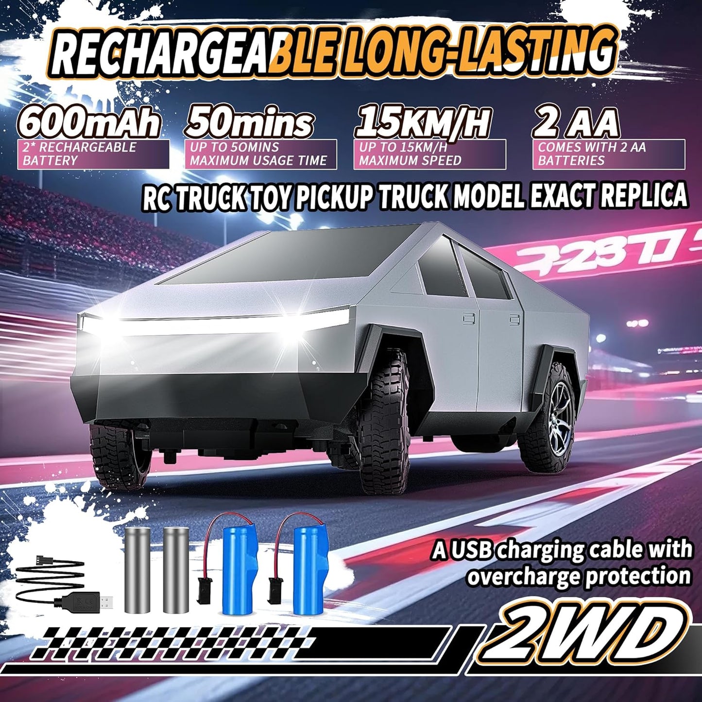RC Car Toys，All Terrain 2.4GHz RC Truck for Boys Aged 3-8, 8-12, Electric Vehicle Truck Toys for Kids, Birthday Gifts for Kids, Boys and Girls (Silver)