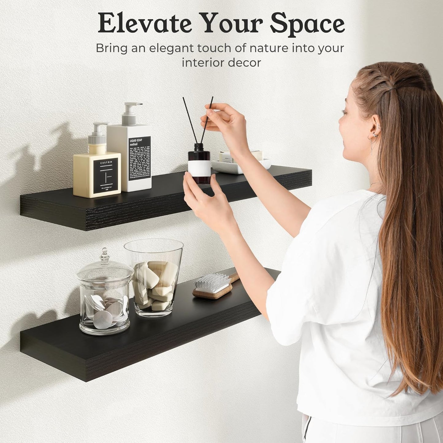 Floating Shelves for Wall, 7.9" Deep Wall Mounted Wood Shelves for Bathroom, Bedroom, Living Room, Kitchen, Hanging Shelf for Books/Storage/Room Decor (Black, 16")
