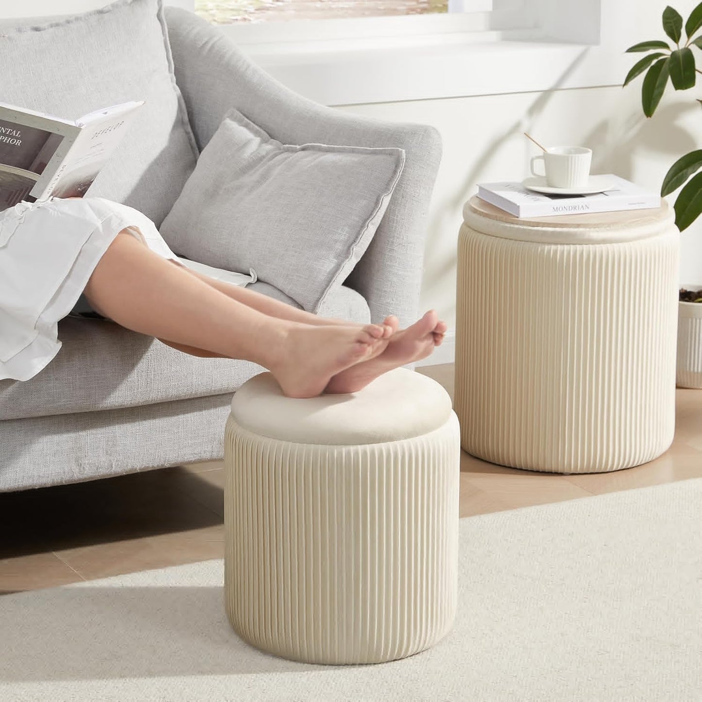 Royal Windsor Round Ottoman with Storage Set of 2,Vanity Stool with Storage for Bedroom, Ottoman Coffee Table,Small Velvet Foot Stool for Living Room, Beige