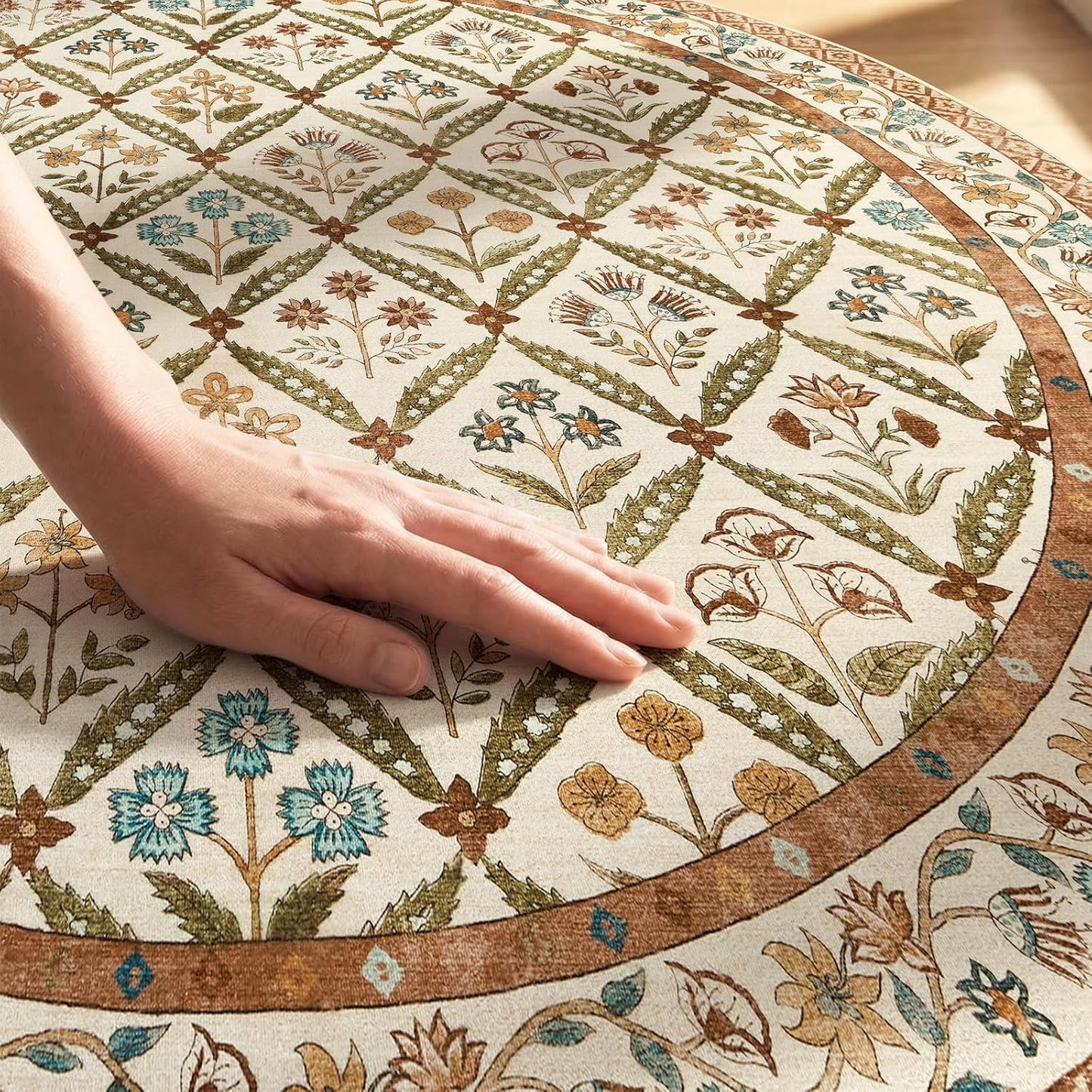 jinchan Haden Round Rug 5ft Vintage Floral Washable Rug for Entryway Kids Room Soft Non-Slip Low Pile Circle Carpet Nursery Living Room Reading Nook Cottage Indoor Decor Terracotta
