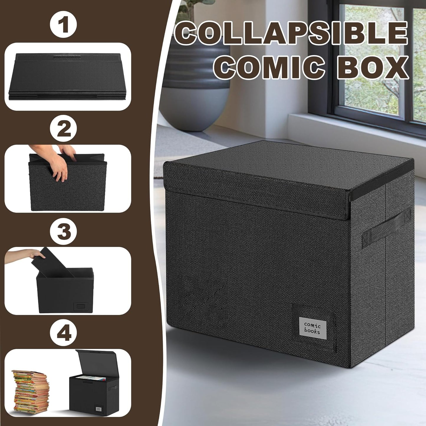 Leffis Comic Book Storage, Collapsible and Stackable Comic Short Box, Moistureproof Comic Box with Lid and Label Slot 15.5" X 7.5" X 11.3" Holds 150 Comics (5)