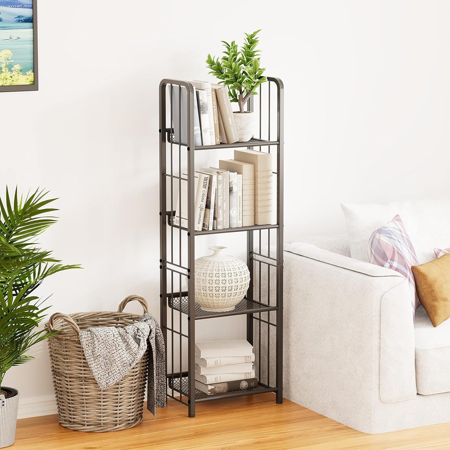 Bookshelf Vertical Storage Freestanding Storage Stand for Living Room, Bedroom, Kitchen, Rust Resistance, Easy Assemblyl Free CombinationMulti-Functional Organizer (4 Tiers, Black)