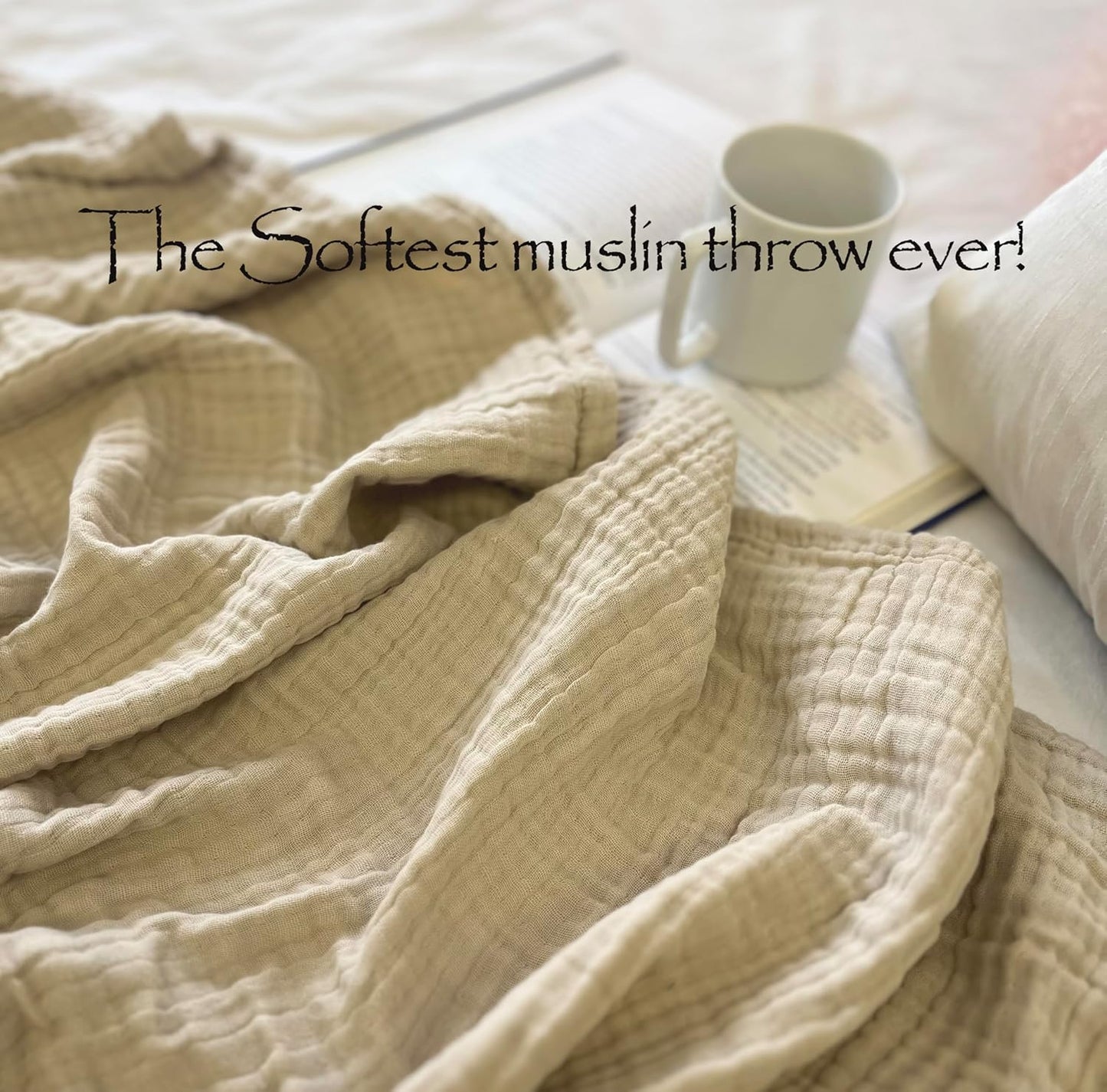 KyraHome 100% Organic Cotton 90"x104" King Size Muslin Blankets for Adults, Kids, Pre-Washed Plant Dyed, Breathable Cozy Gauze Bed Blanket, All Season (Oatmeal Khaki)