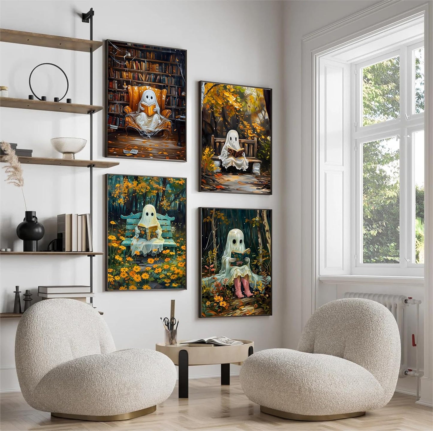 Vintage Halloween Ghost Canvas wall art Funny Cute Ghost Reading Book Painting Pictures wall decor Gothic Dark Whimsical Aesthetic Posters Prints for Bedroom Living Room Scene Home Decoration Unframed
