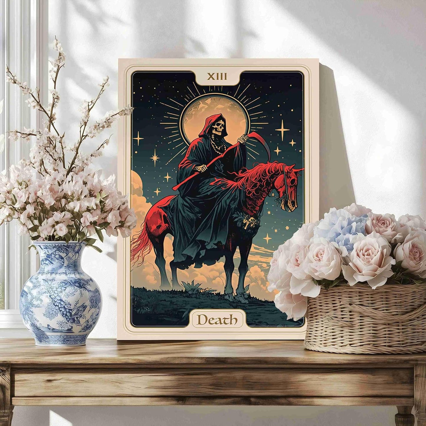 Death Tarot Card Art Print, Gothic Home Decor, Thirteen Arcana Wall Decor, Mystical Night Scene Divination Art Nouveau Dark Academy Design Decor Gift(L18 xW12-CANVAS)