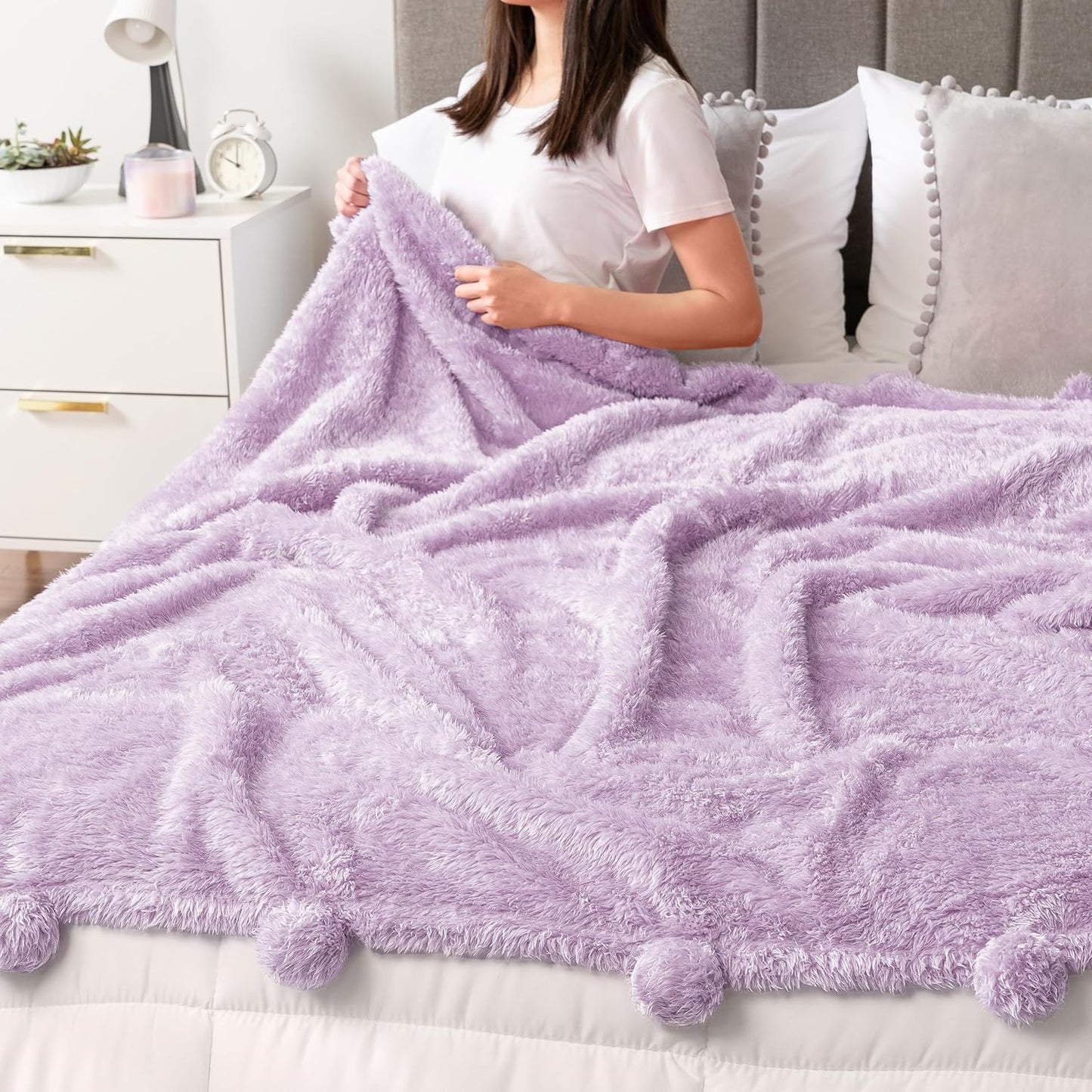 PAVILIA Lavender Sherpa Throw Blanket for Couch, Warm Plush Pom Pom Blanket Throw, Light Purple Fuzzy Sofa Throw, Lightweight Soft Cozy Fluffy Blanket with Pom Poms, Lavender, 50x60