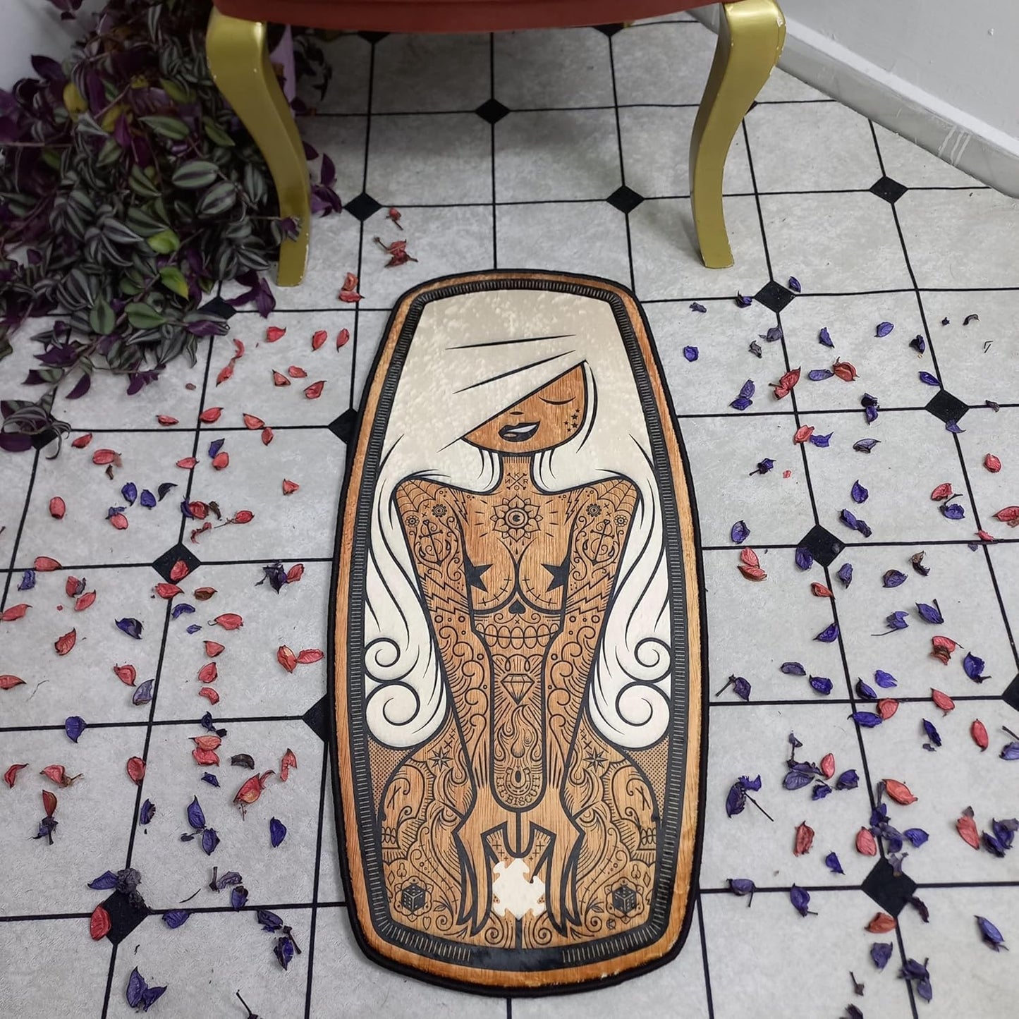 Tattoo Woman Coffin Shape Rug Nonslip Floor Mat for Bedroom Living Room Soft Gothic Carpet Witchy Room Aesthetic Spooky Decor Goth Girl Gift 1.3x2.6