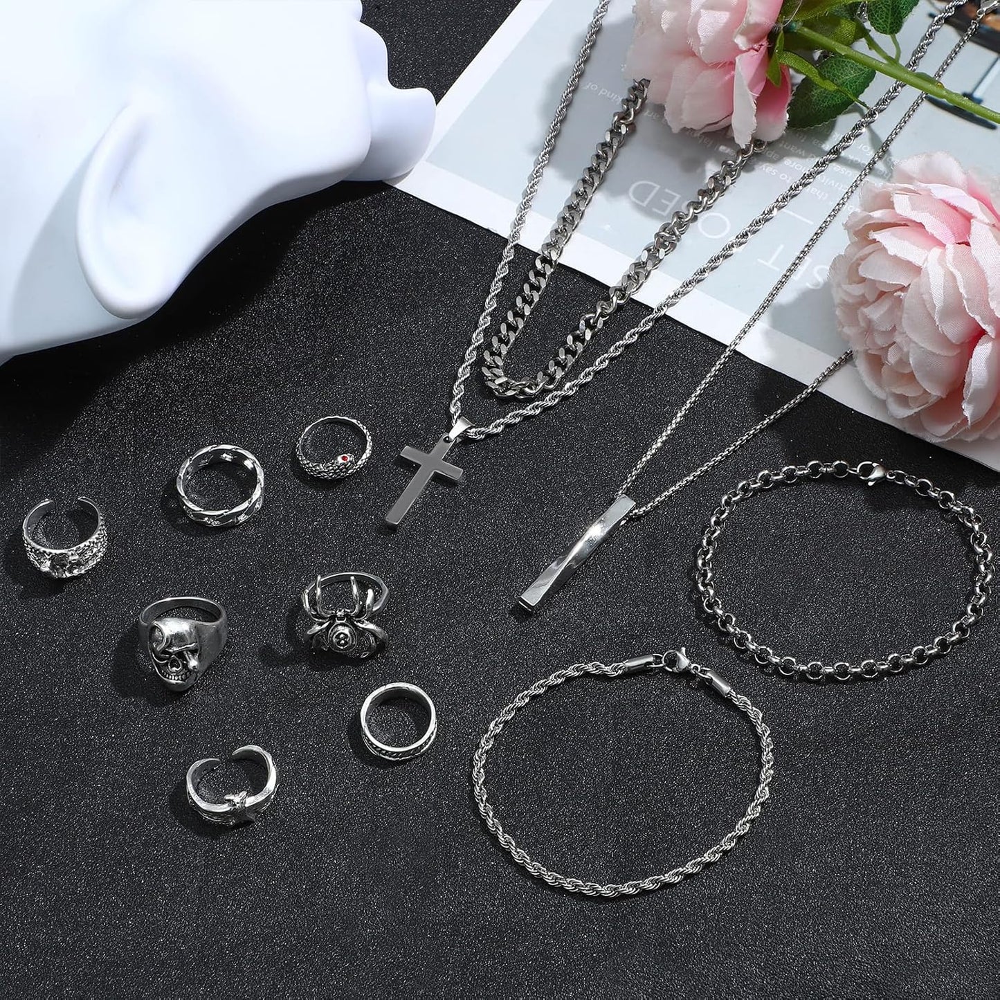 NEWITIN 15 Pieces Silver Jewelry Set for Men Stainless Steel Cuban Link Necklace Bracelet Cross Pendant Necklace Vintage Ring Cuban Jewelry Set for Men Women