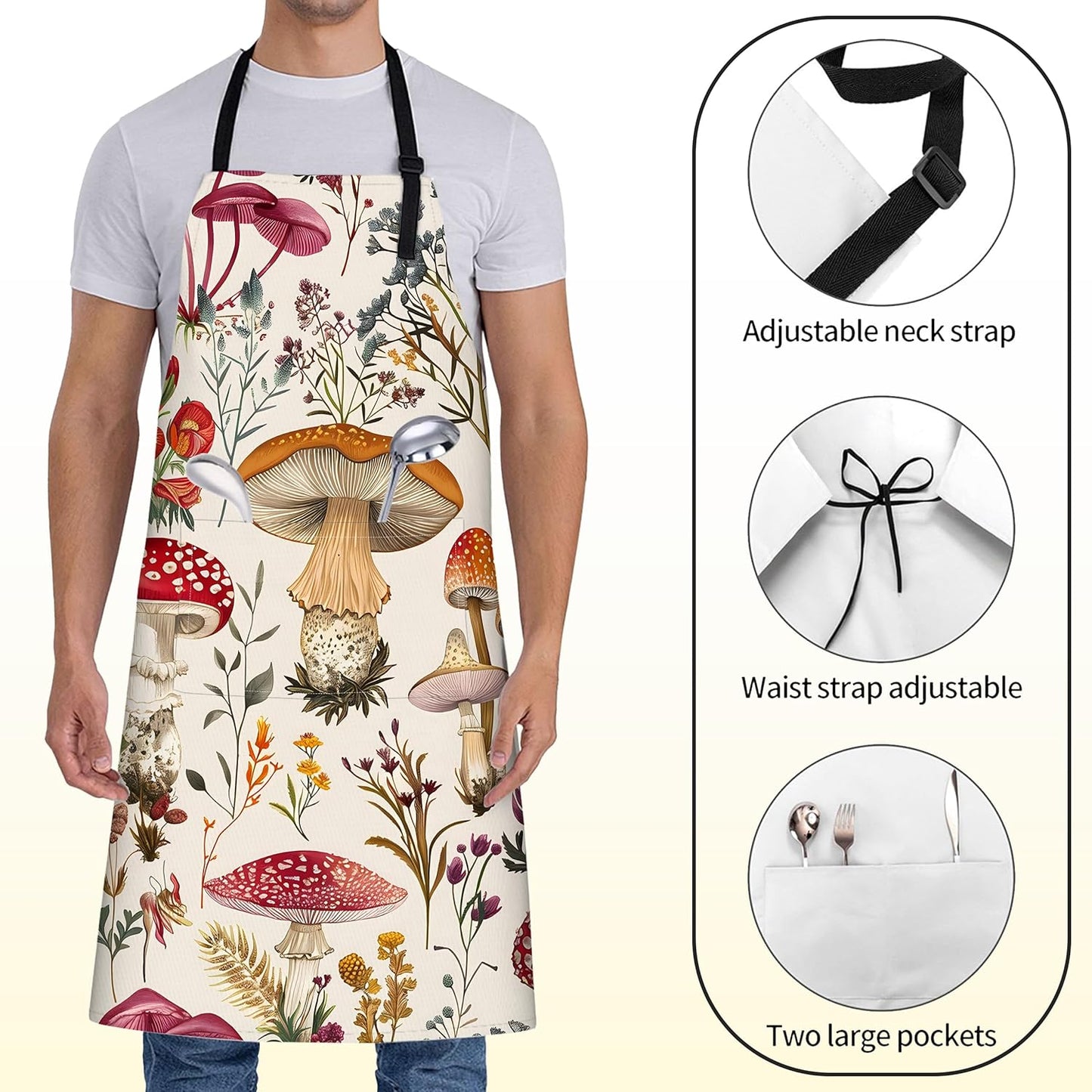 Retro Mushroom Apron for Women with Wildflower,28x33in,Botanical Kitchen Aprons with 2 Pockets,Oxford Fabric,Fern Adjustable Apron for Cooking Baking Gardening Chef,Gifts for Mom Wife