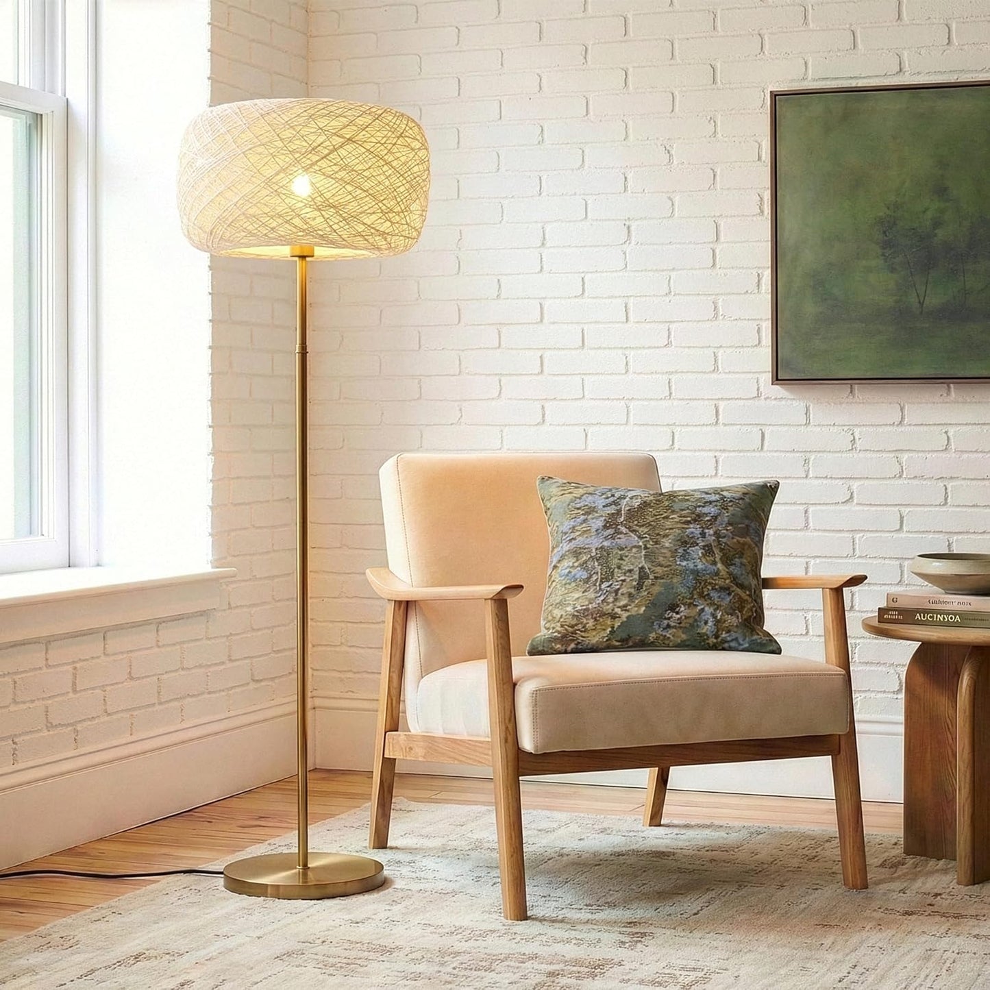 Brightech Rowan Elegant Floor Lamp – Modern Unique Thread Shade Matches Boho, and Mid-Century Décor – Free Standing LED Light for Living Rooms and Bedrooms – Tall Indoor Lamp Gets Compliments - Brass