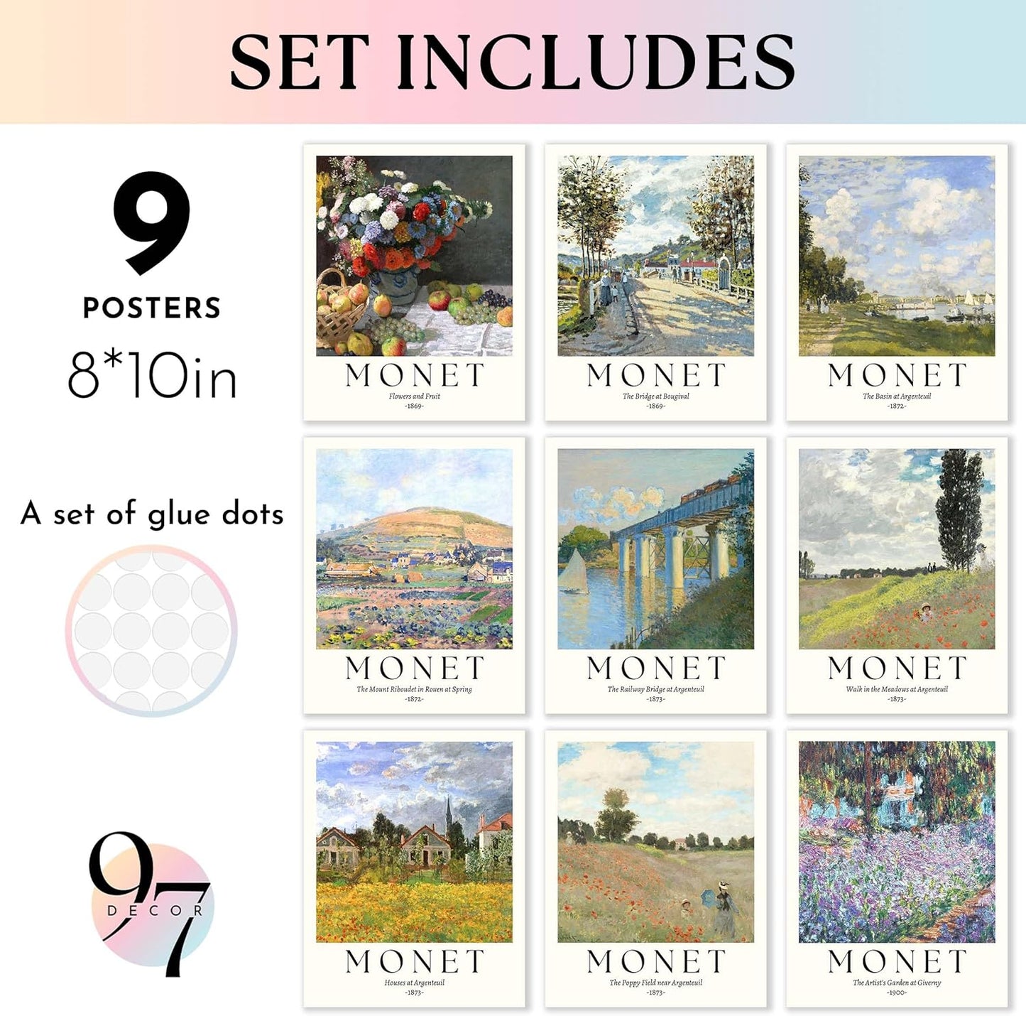 97 Decor Claude Monet Wall Art - Claude Monet Prints For Wall Decor, Vintage Monet Poster For Room Aesthetic, Impressionist Wall Art Eclectic Famous Fine Art Prints For Home Bedroom (8x10 Unframed)