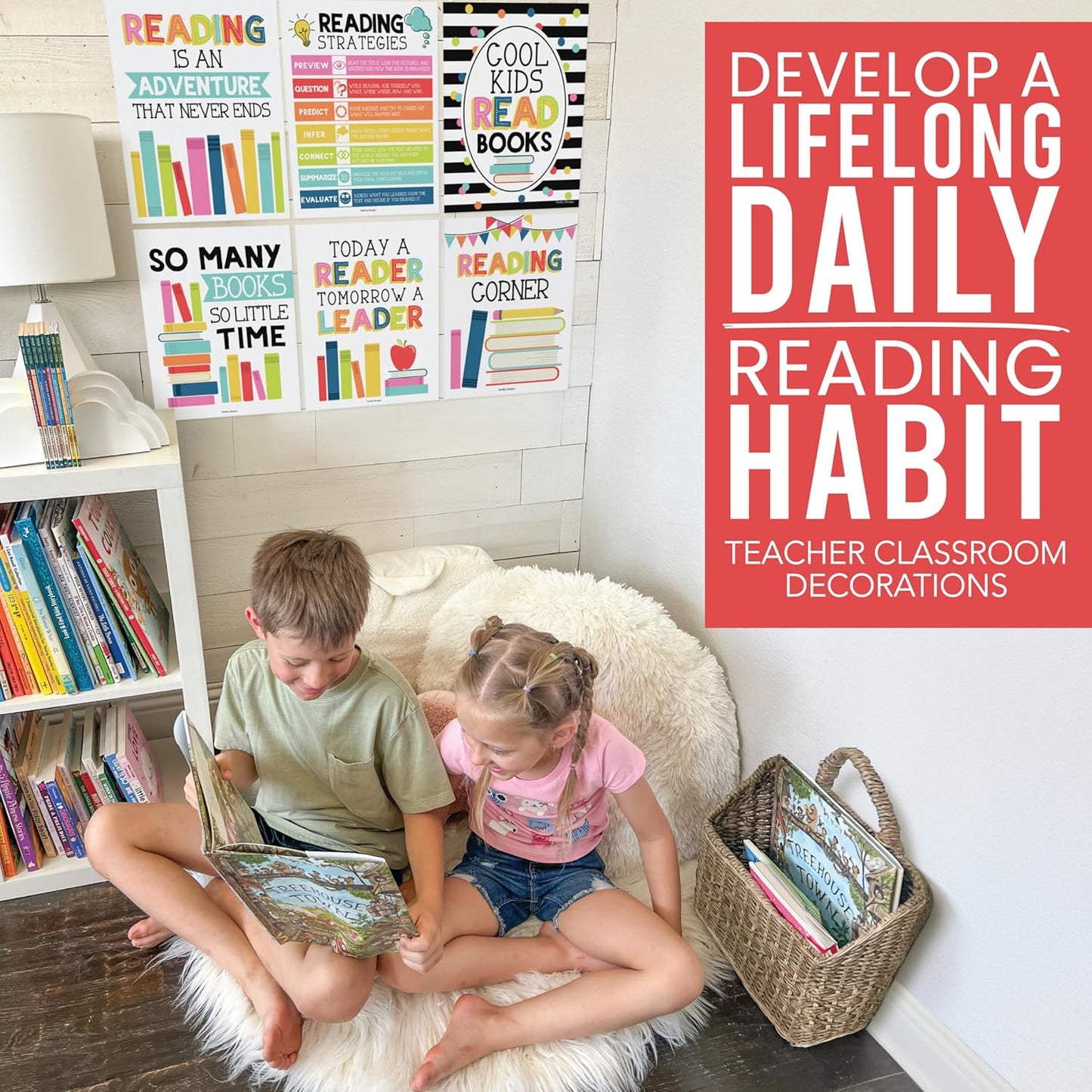 Hadley Designs Motivational Reading Posters for Classroom Elementary –6 Reading Strategies Posters for Classroom Library Decor, Read Corner School Library Poster, Colorful Bulletin Board Decorations