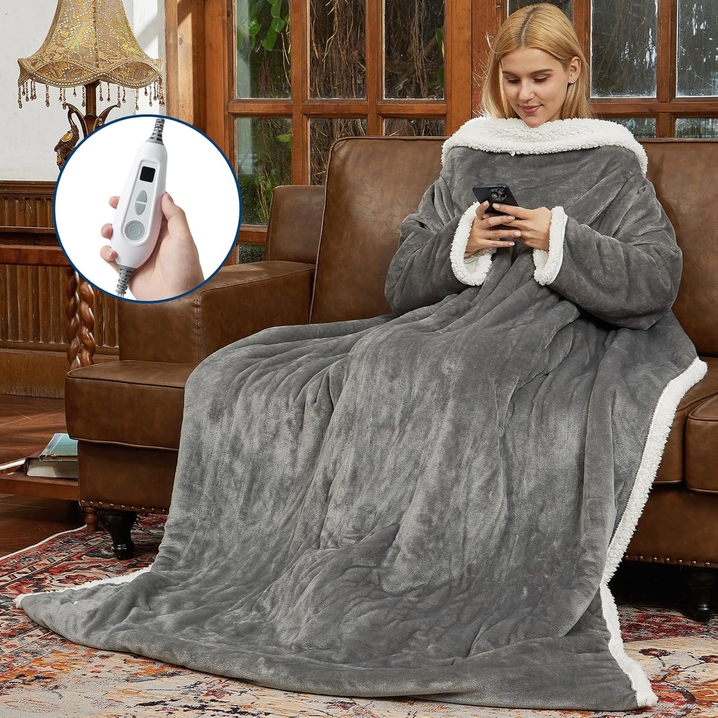 GarveeHome Wearable Heated Blanket with Foot Pocket & Sleeves, Electric Snuggle Throw Blankets, Flannel & Sherpa, 6 Heat Settings & 2–10 H Auto Shut-Off, 50"×70"+18", Grey