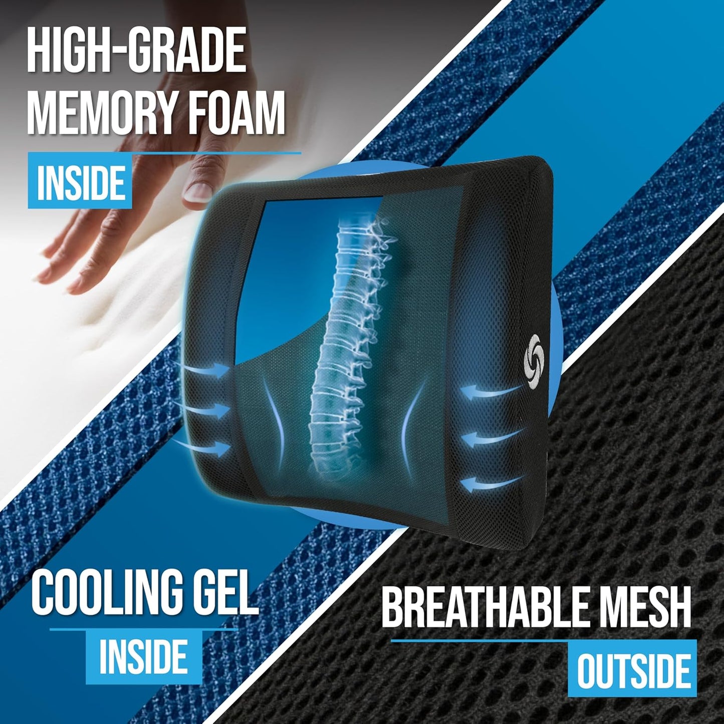 Samsonite Lumbar Support Pillow with Cooling Gel – Memory Foam Back Pillow for Office Chair, Car Seat, or Gaming Chair – Ergonomic Design with Breathable Mesh & Washable Cover - Mesh with Cooling Gel