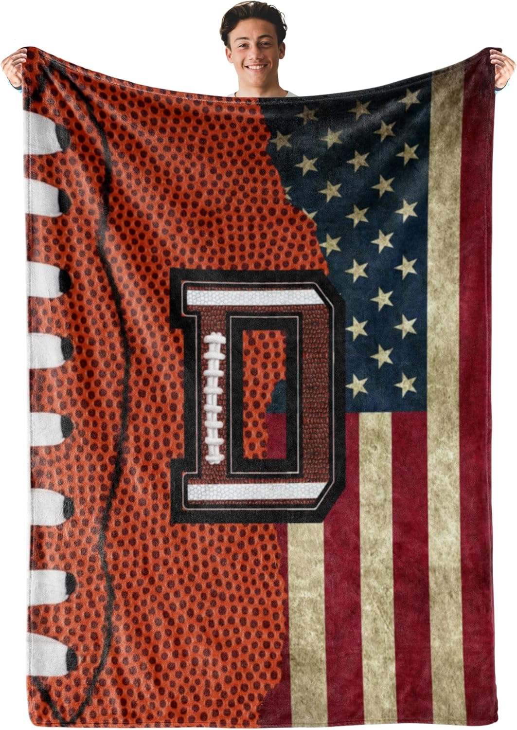 Football Blanket for Boys, Teen, Coaches, Personalized Blanket with Initials, Flannel Throw Blanket for Birthday, Christmas, 50x65 Inches, D