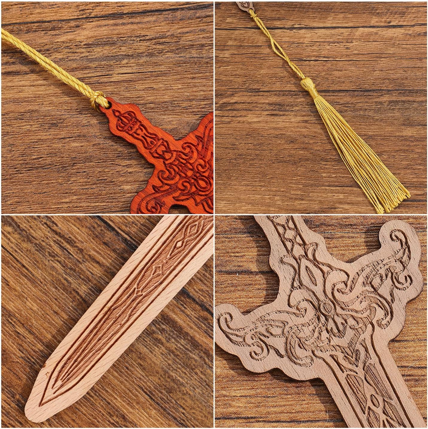 4 Pieces Sword Bookmarks with Tassel, Vintage Bookmarks for Reading, Personalized Wooden Bookmark, Unique Pattern Bookmark Engraved, Birthday Gift for Men, Women, Girls, Boys