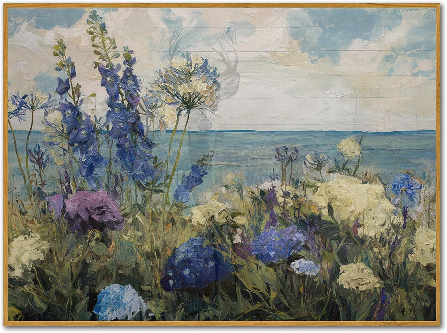 Floral Canvas Wall Art Blue Purple Flowers Ocean View Wall Decor Coastal Prints Nature Posters Abstract Painting Framed Artwork For Living Room And Bedroom And Office Space My Home Decor 16x24 Inches
