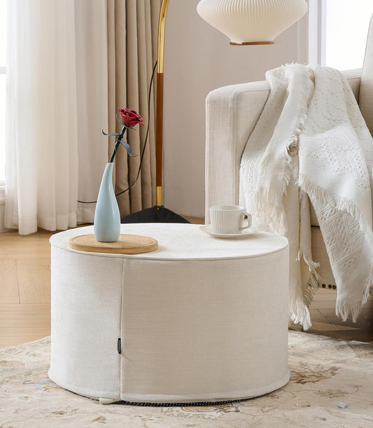 Large 22" Sturdy Ottoman Pouf for Living Room, Bedroom, Playroom, High Density Foam Filling Footrest, Side Table, Extra Seating Home College Dorm Décor Extra Firm (Beige)