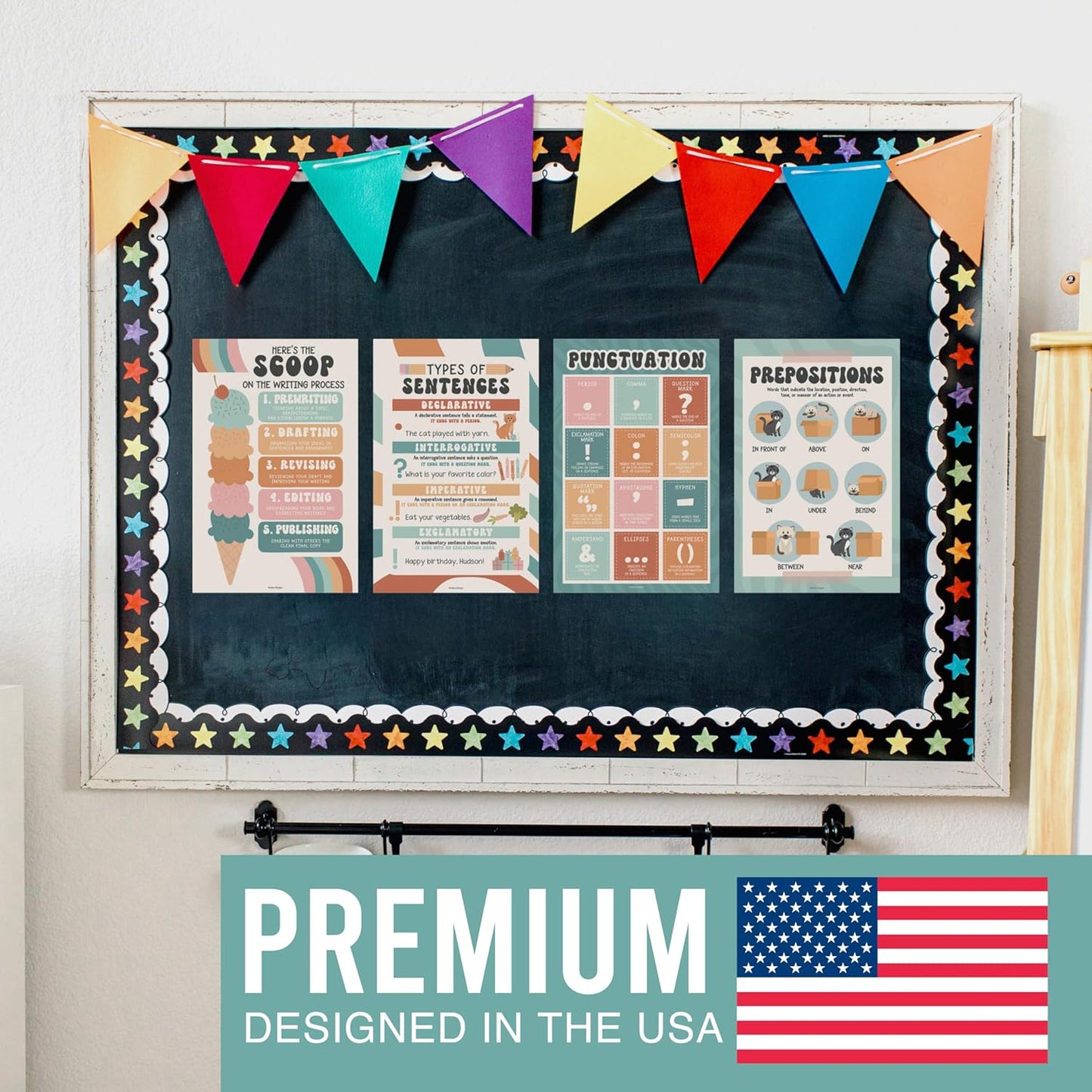 Hadley Designs Parts of Speech Posters for Classroom Decor - 12 English Grammar Posters for Classroom, Writing Process Language Arts Elementary & Middle School, ELA Retro Teacher Must Haves