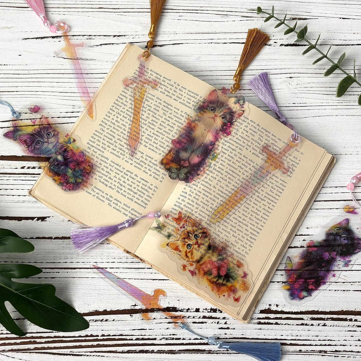 Cute Cat Bookmarks Gifts - 4 Pcs Cartoon Cats Butterflies Bookmark with Tassels Stained Glass Book Marks Gift Office Home Supplies for Women Kids Reading Lovers Writers Teacher Students Reader