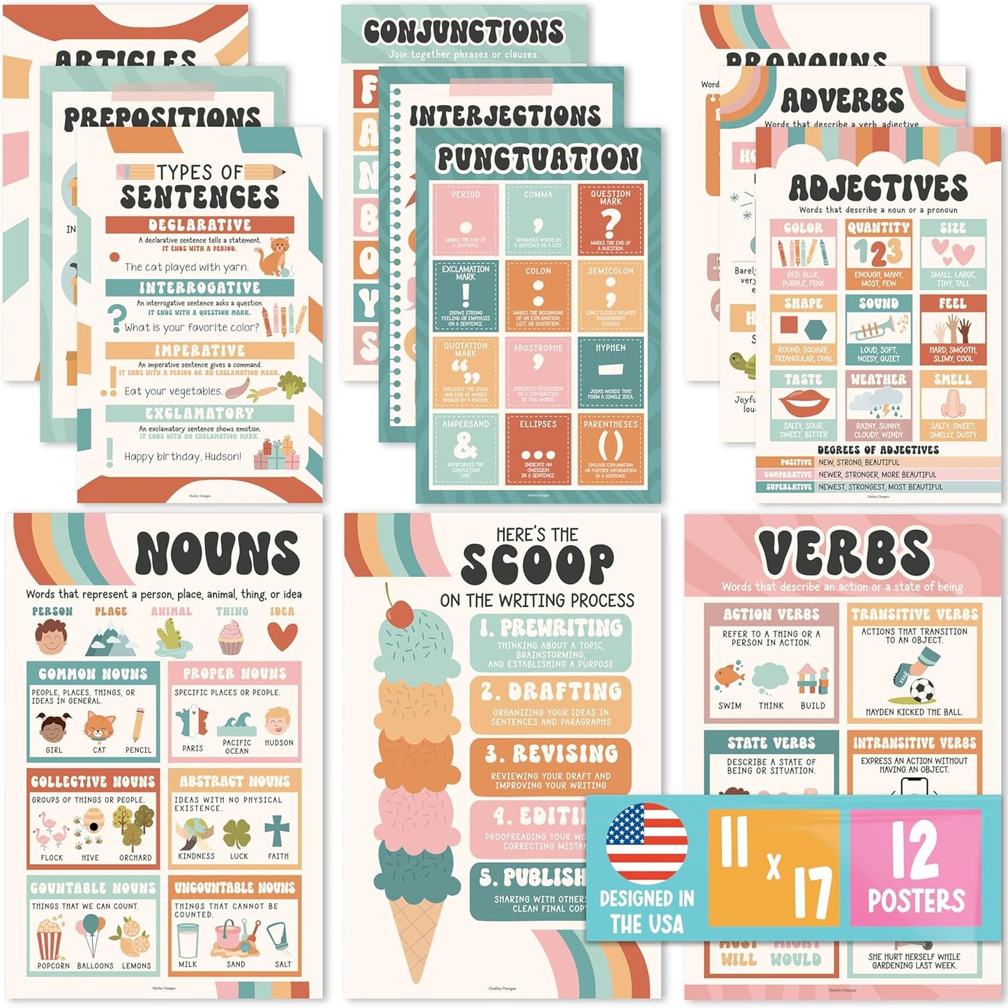 Hadley Designs Parts of Speech Posters for Classroom Decor - 12 English Grammar Posters for Classroom, Writing Process Language Arts Elementary & Middle School, ELA Retro Teacher Must Haves