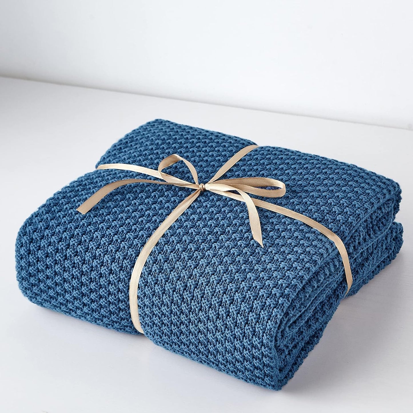 Longhui bedding Blue Knitted Throw Blanket for Couch - Soft, Cozy Machine Washable 100% Cotton Sofa Knit Blankets, Heavy 3.0lb Weight, 51 x 63 Inches, Laundry Bag Included
